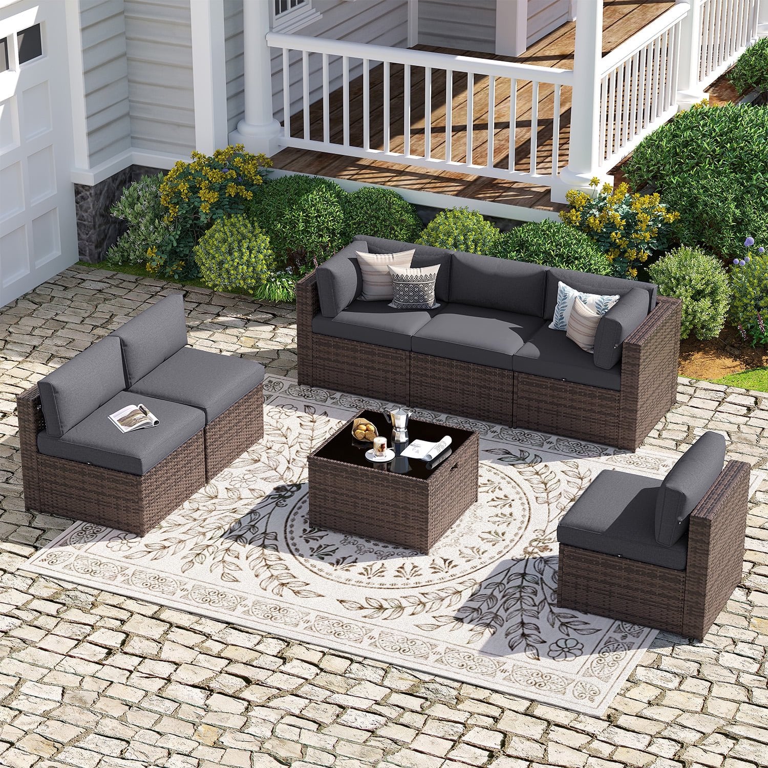 Sunmthink Patio Furniture Sets, 7-Piece Outdoor Patio Furniture with Thick Cushions, Wicker Outdoor Conversation Set and Waterproof Cover for Backyard, Poolside, Garden
