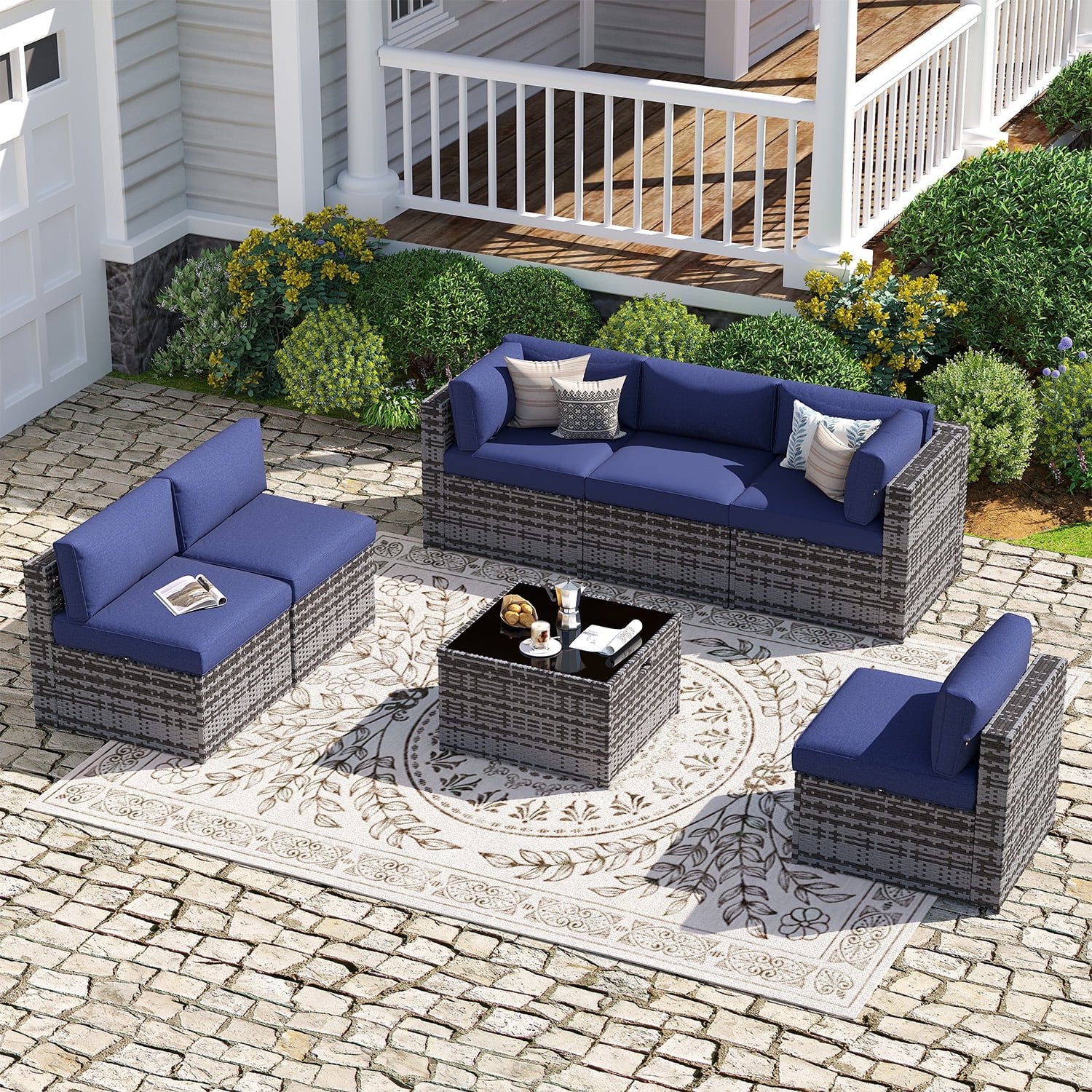 Sunmthink Patio Furniture Sets, 7-Piece Outdoor Patio Furniture with Thick Cushions, Wicker Outdoor Conversation Set and Waterproof Cover for Backyard, Poolside, Garden