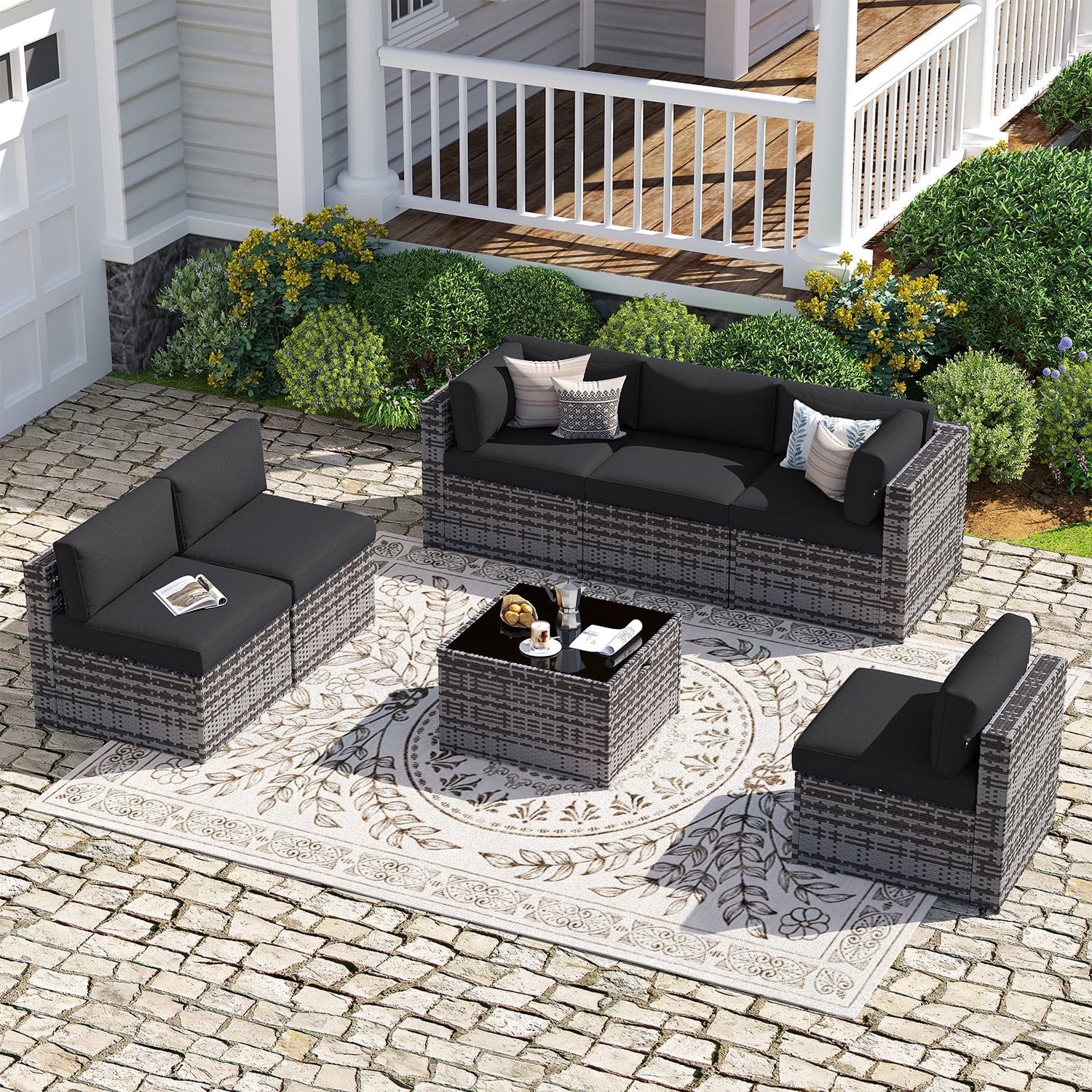 Sunmthink Patio Furniture Sets, 7-Piece Outdoor Patio Furniture with Thick Cushions, Wicker Outdoor Conversation Set and Waterproof Cover for Backyard, Poolside, Garden
