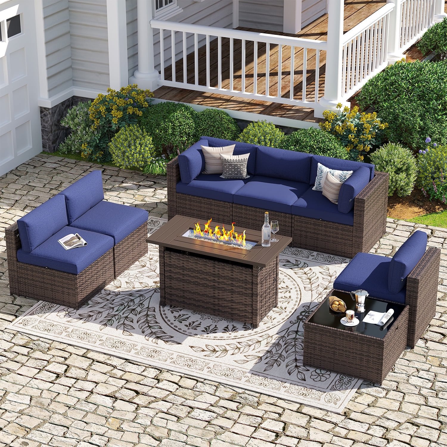 Sunmthink Patio Furniture Sets, 8-Piece Outdoor Patio Furniture with 44'' Propane Gas Firepit Table, Wicker Outdoor Conversation Set and Waterproof Cover for Backyard, Poolside, Garden