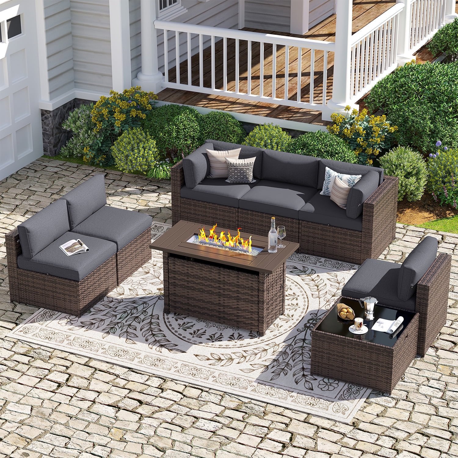 Sunmthink Patio Furniture Sets, 8-Piece Outdoor Patio Furniture with 44'' Propane Gas Firepit Table, Wicker Outdoor Conversation Set and Waterproof Cover for Backyard, Poolside, Garden