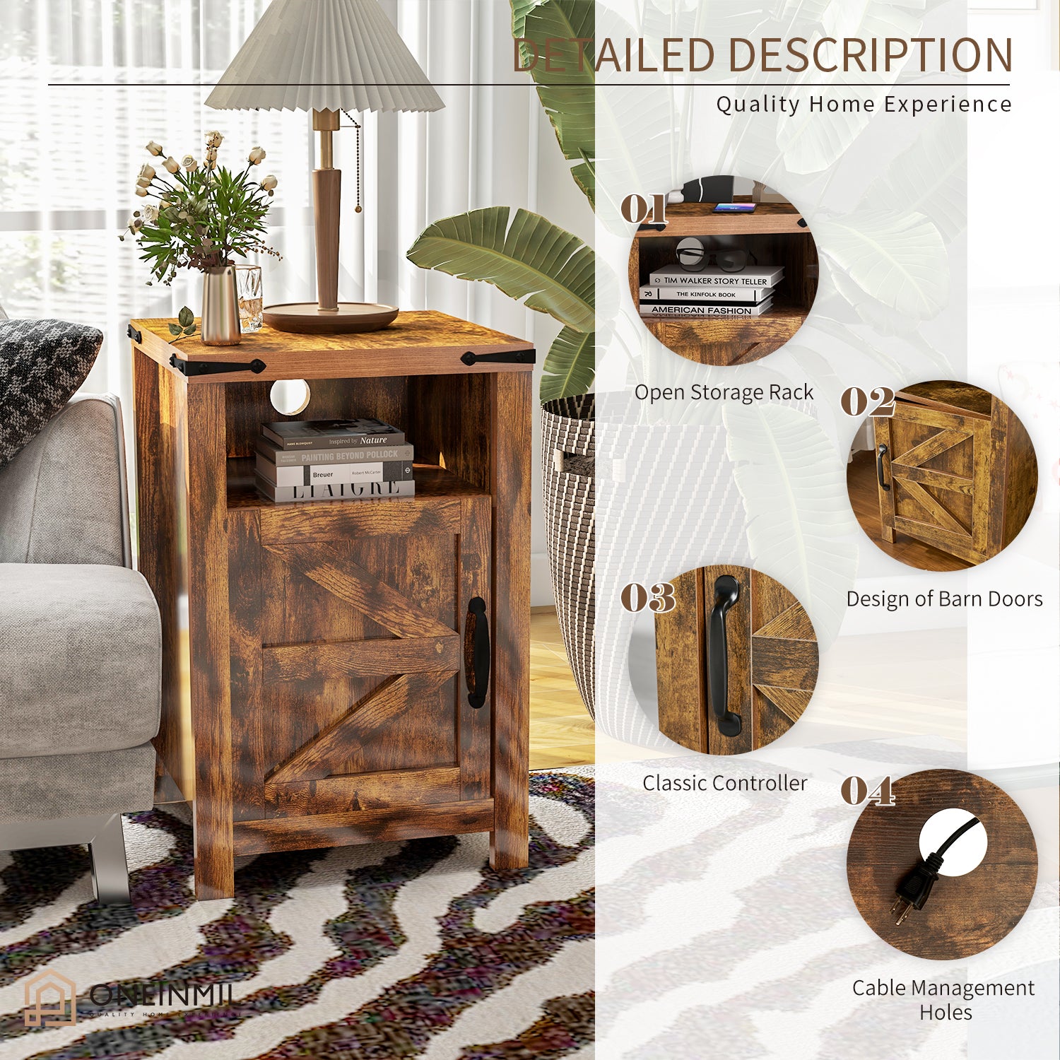 4-Piece Modern Farmhouse Furniture Set, Rustic Brown TV Stand for TVs up to 65-Inch, Two End Table with Charging Stake and USB Port, Farmhouse Coffee Table for Living Room, Family Room