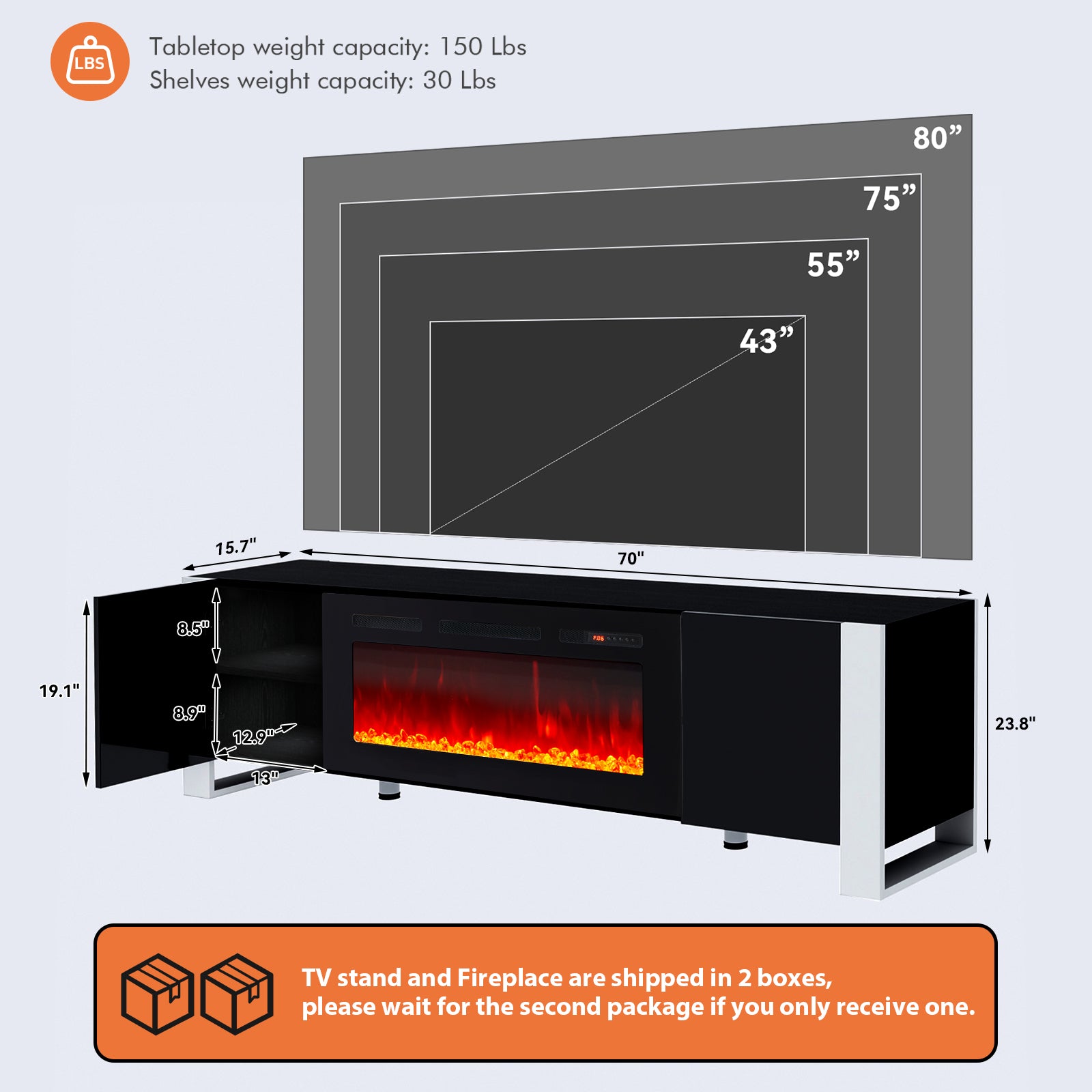 Fireplace TV Stand with 36" Fireplace, 70" Modern Entertainment Center LED Lights, Adjustable Legs TV Console Cabinet for TVs Up to 80", Black TV Stand and Black Fireplace