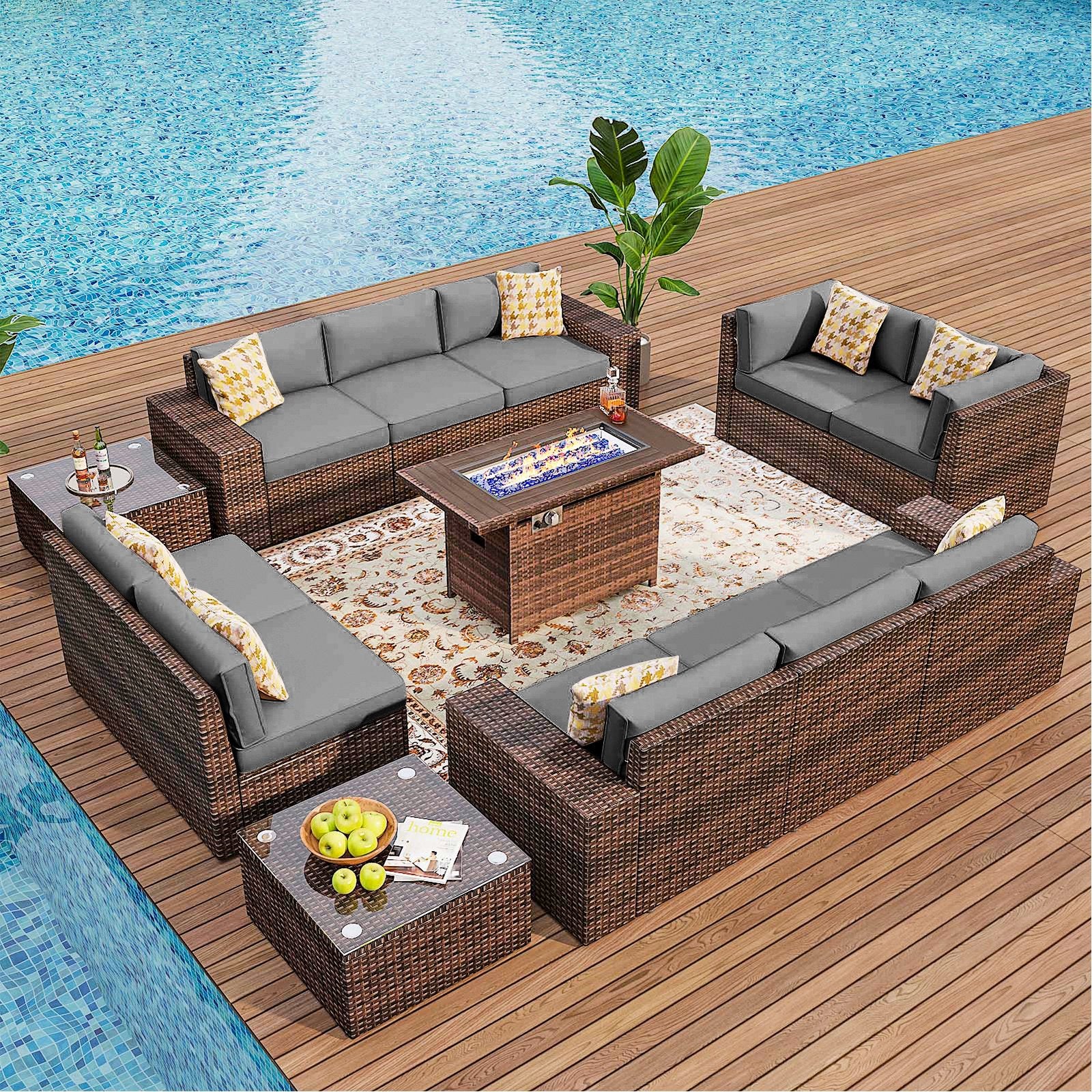 13pcs Outdoor Patio Furniture Sets with Fire Pit Table, PE Rattan Wicker Conversation Sofa Set with 2 Coffee Table for Lawn, Backyard,Balcony, Gray
