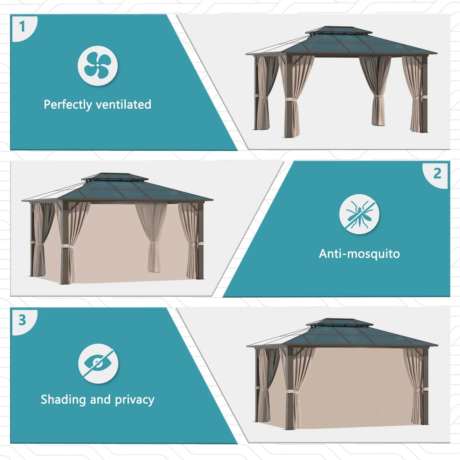 10'x12' Hardtop Gazebo, Outdoor Polycarbonate Double Roof Canopy, Aluminum Frame Permanent Pavilion with Curtains and Netting, Sunshade for