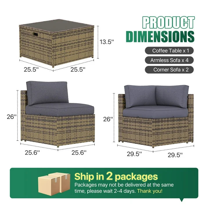 Clouddwell 7 Piece Patio Furniture Set Wicker Rattan Patio Conversation Set Outdoor Sectional Sofa Set with Coffee Table and Gray Cushions(Waterproof Cover Included)