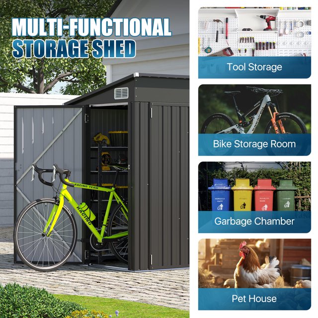 8' x 6' Metal Storage Shed with Triple Doors, Lockable Lean-to Design & Vents, Black