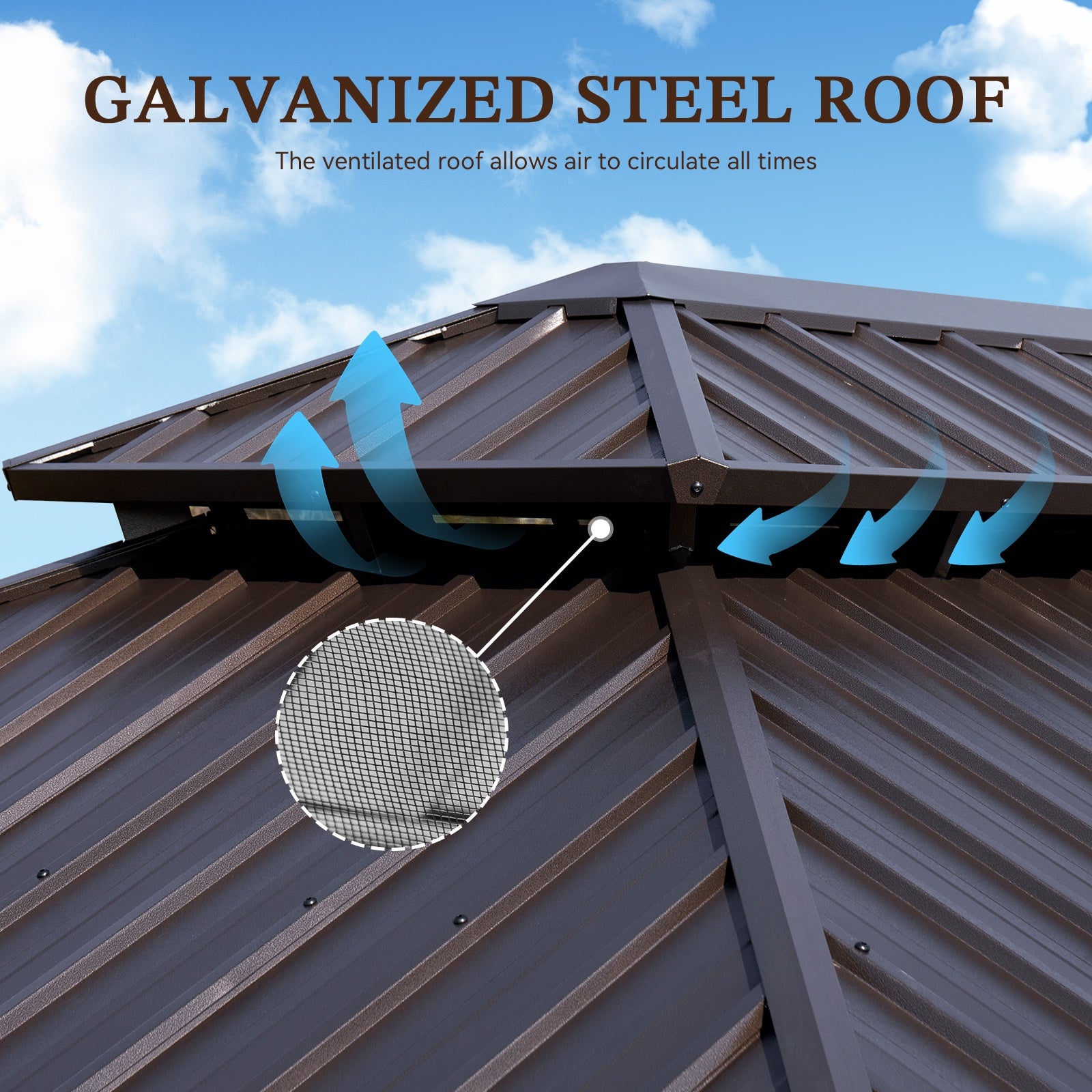 12' x 20' Outdoor Hardtop Gazebo, Wood Grain Galvanized Steel Double Canopy Aluminum Frame Gazebo with Netting and Curtains for Patio, Backyard, Lawns, Parties, Brown