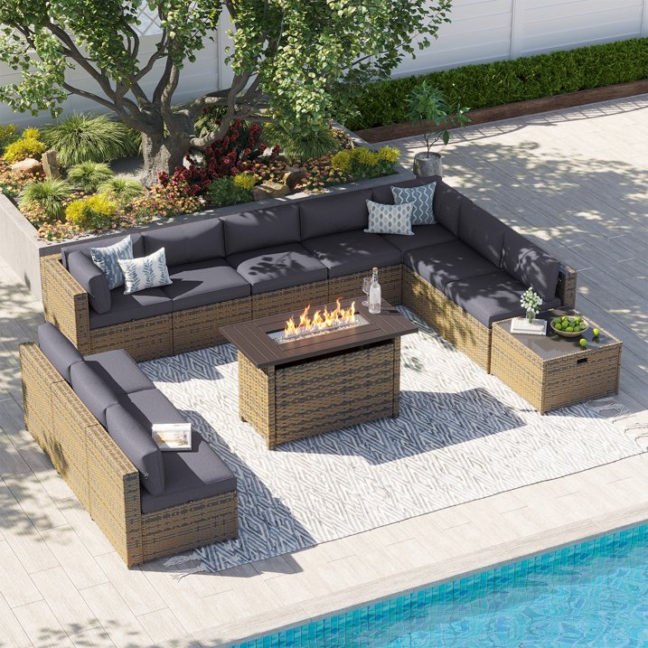 Clouddwell 12 Piece Patio Furniture Set with 44” Fire Pit Table Wicker Rattan Patio Conversation Set Outdoor Sectional Sofa Set with Coffee Table and Gray Cushions(Waterproof Cover Included)