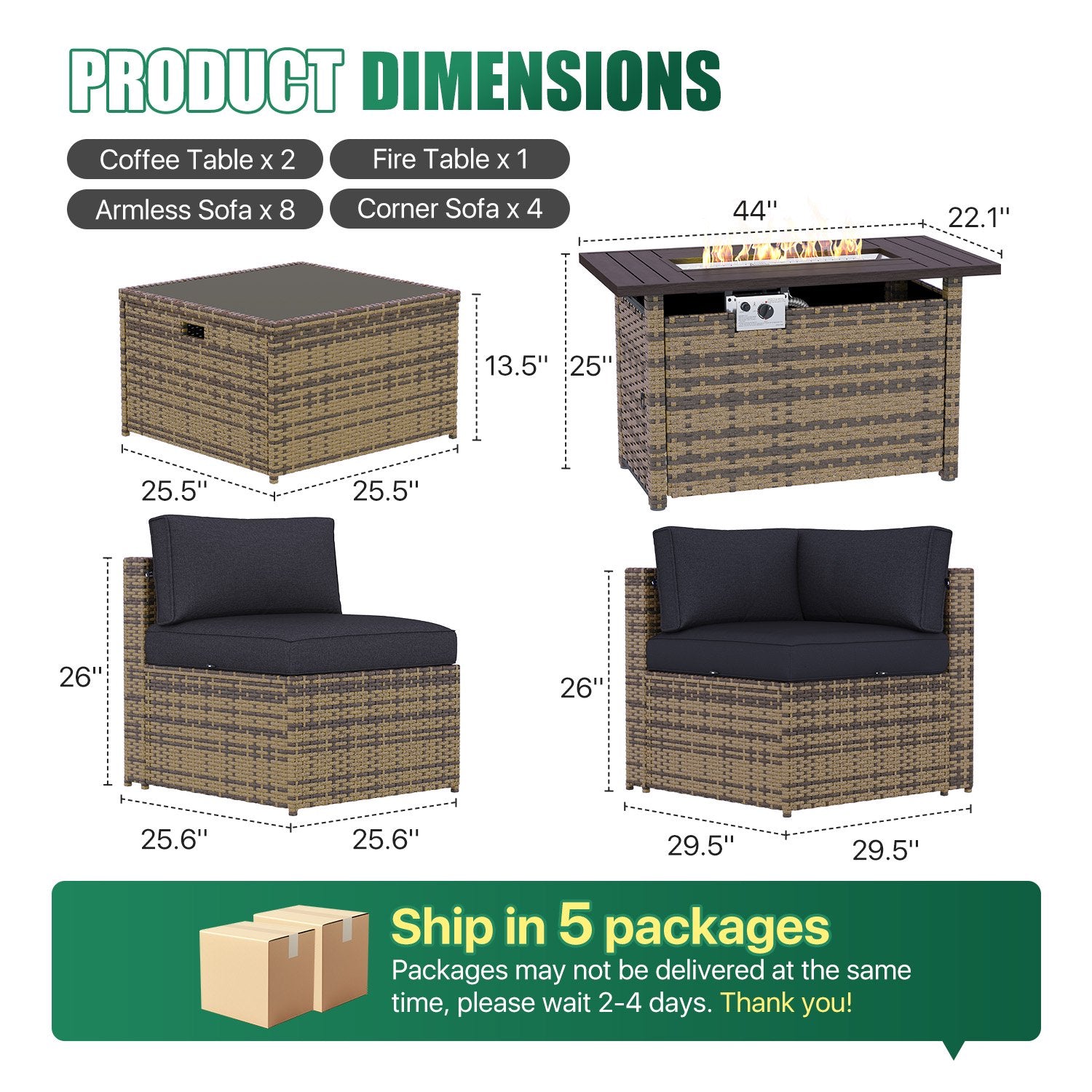 Clouddwell 15 Piece Patio Furniture Set with 44” Fire Pit Table Wicker Rattan Patio Conversation Set Outdoor Sectional Sofa Set with Coffee Table and Black Cushions(Waterproof Cover Included)