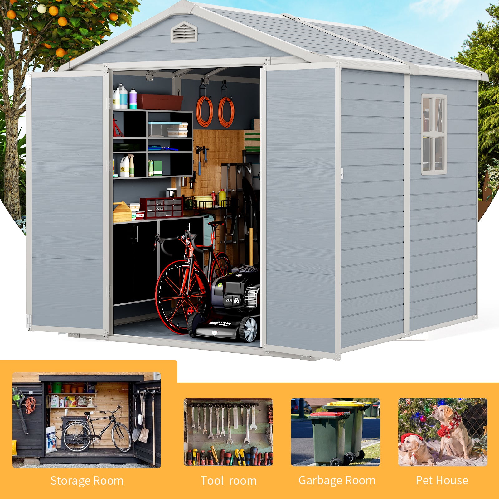 7.9' x 6.4' Outdoor Storage Shed, Resin Storage Shed 349 cu ft, w/Lockable Double Door & Air Vent for Backyard