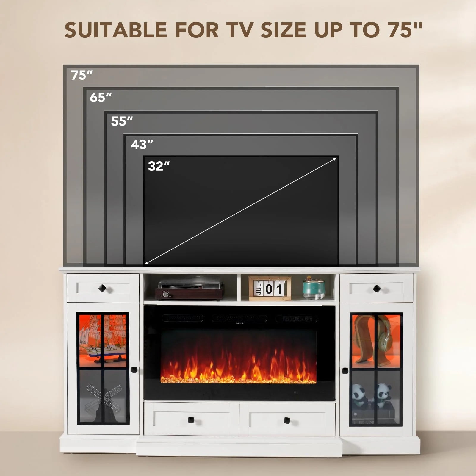 68” Fireplace TV Stand with 36" Electric Fireplace, Entertainment Center for TVs up to 78 Inch, Media Console Cabinet for Living Room, White