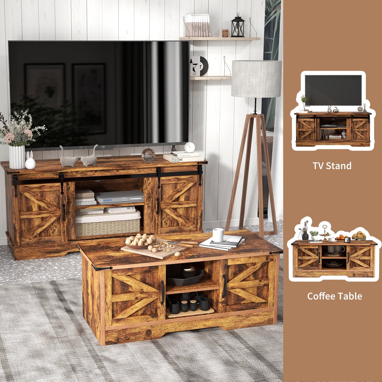2-Piece Farmhouse Table Set Includes 58" Sliding Barn Door TV Stand and 39" Coffee Table with Large Capacity Space, Retro Brown Tables for Living Room, Bedroom(Brown)