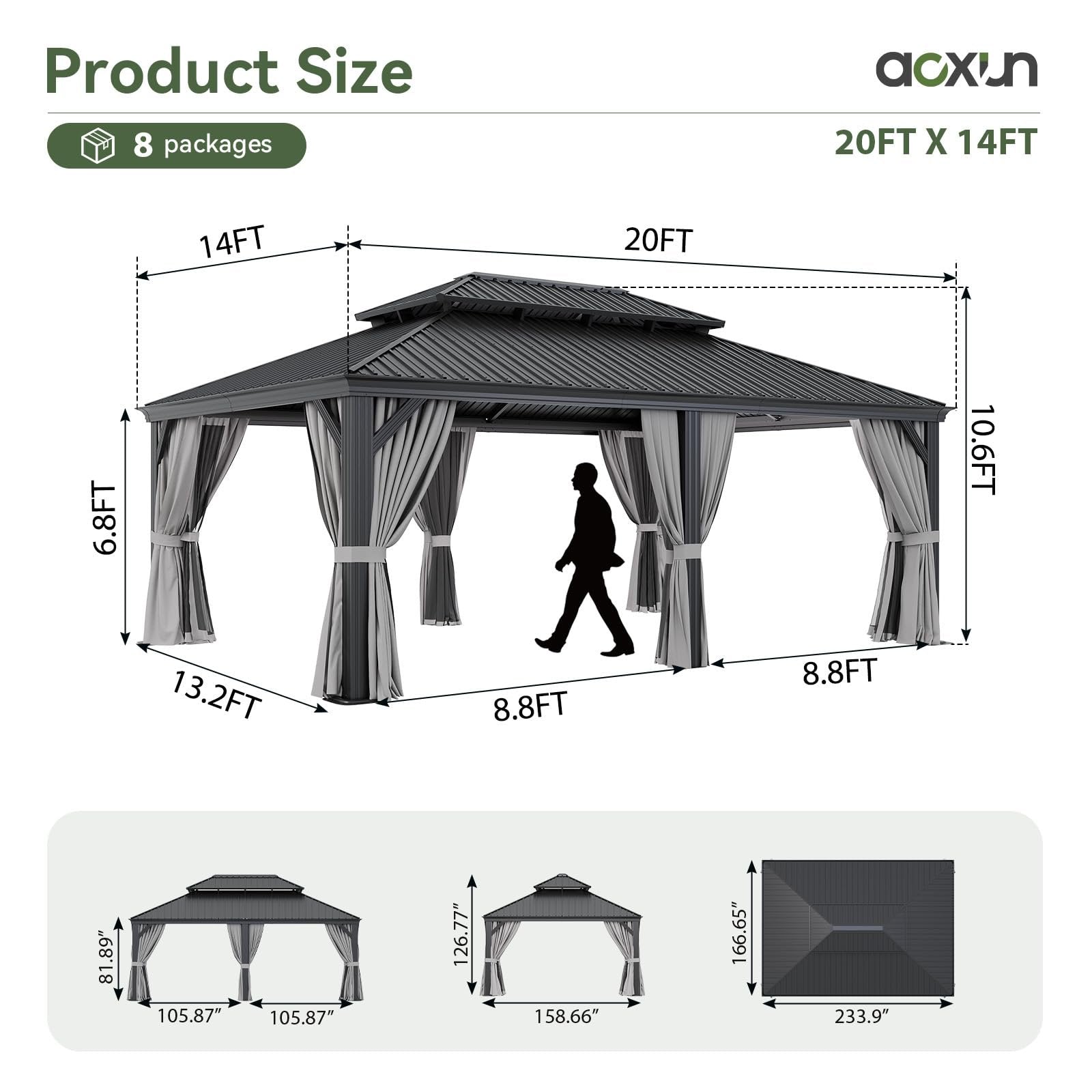 14' X 20' Hardtop Gazebo with Drainage System, Aluminum Outdoor Gazebo with Galvanized Steel Double Roof, Patio Permanent Metal Gazebo Pavilion with Netting, for Garden, Deck, Grey