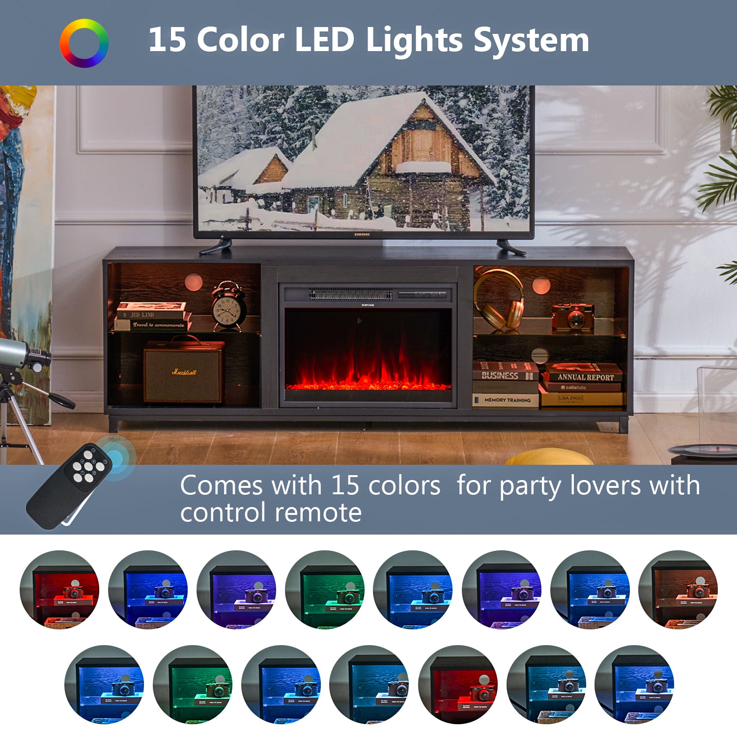 65" TV Stand with Fireplace for TVs up to 75", Entertainment Center with LED Light, TV Stand for Living Room, Black