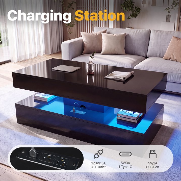 Sonegra 47" High-Glossy LED Lift Top Coffee Table with 2 Sliding Drawers, Large Open Storage Space & Ambient LED Lighting, Modern Double-Layer Livingroom Table, Black
