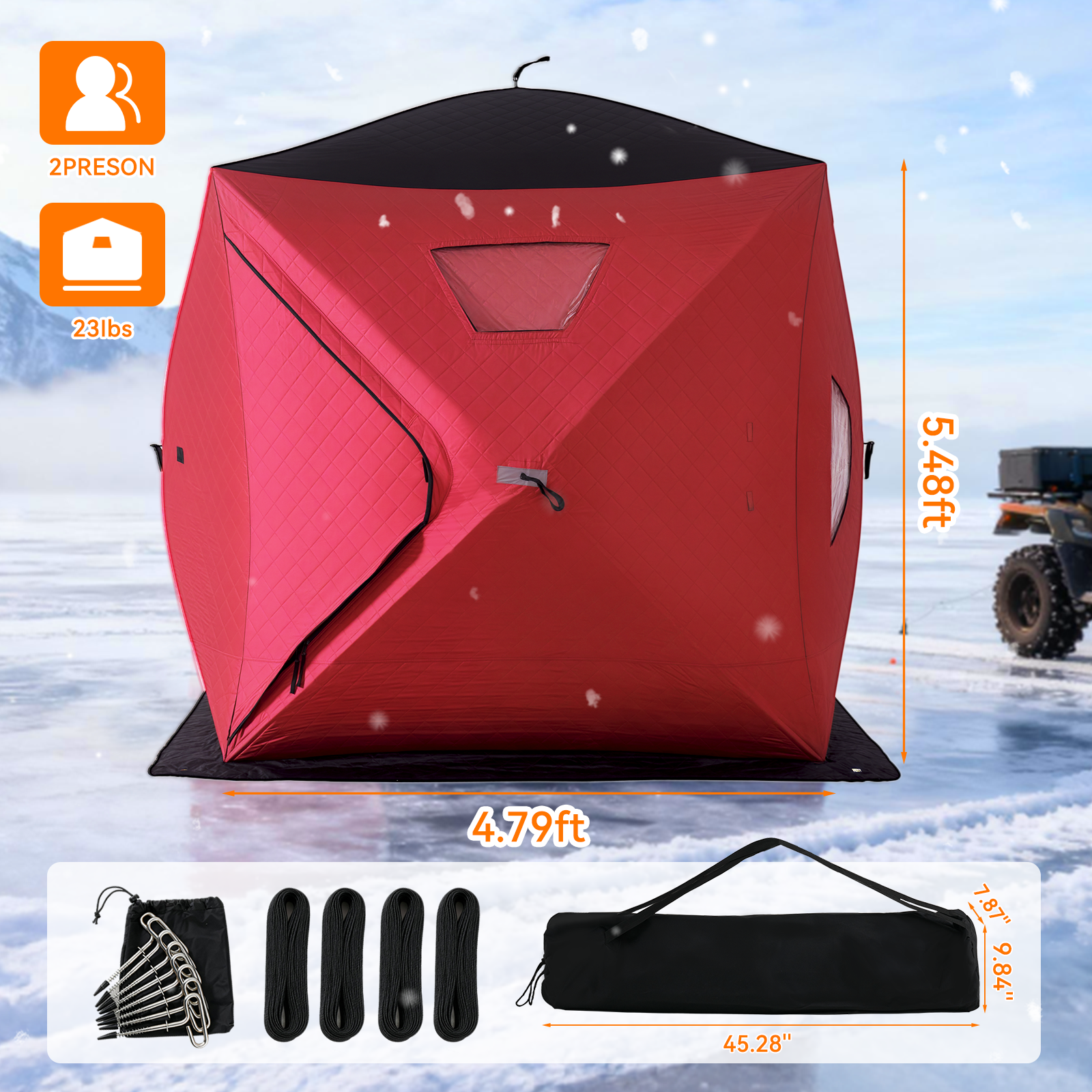 Aoxun Ice Fishing Tent Pop Up Instant Setup 2-3 Person Portable Shanty Hub Waterproof Insulated Shelter for Winter Fishing & Camping