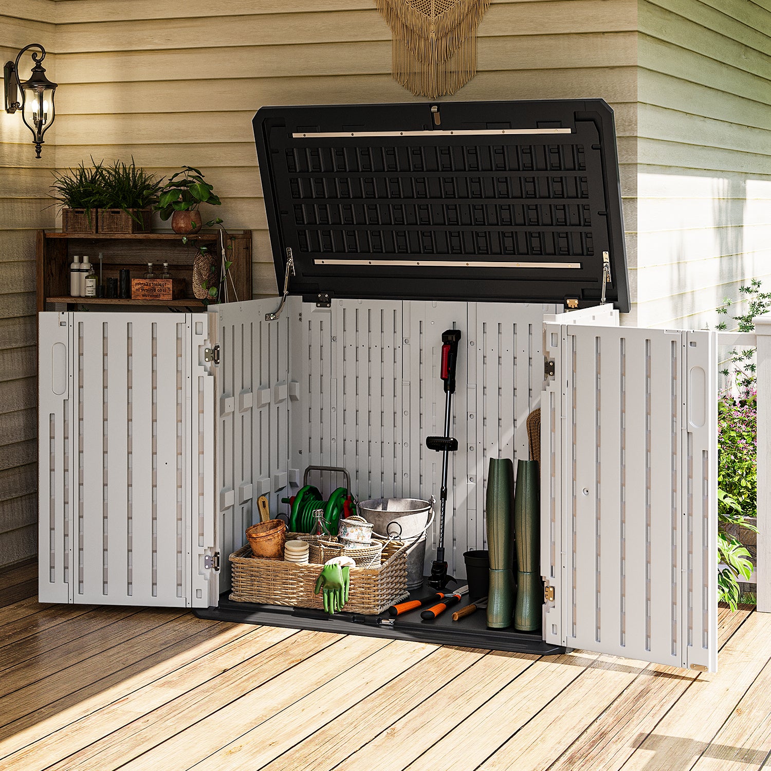Horizontal Storage Shed 35 Cu.Ft, Outdoor Trash Can Storage Shed Waterproof, Resin,White