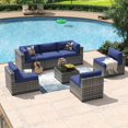 7 Piece Patio Furniture Set Wicker Rattan Patio Conversation Set Outdoor Sectional Sofa Set with Coffee Table and 4” Thickened Cushions, Blue(Waterproof Cover Included)