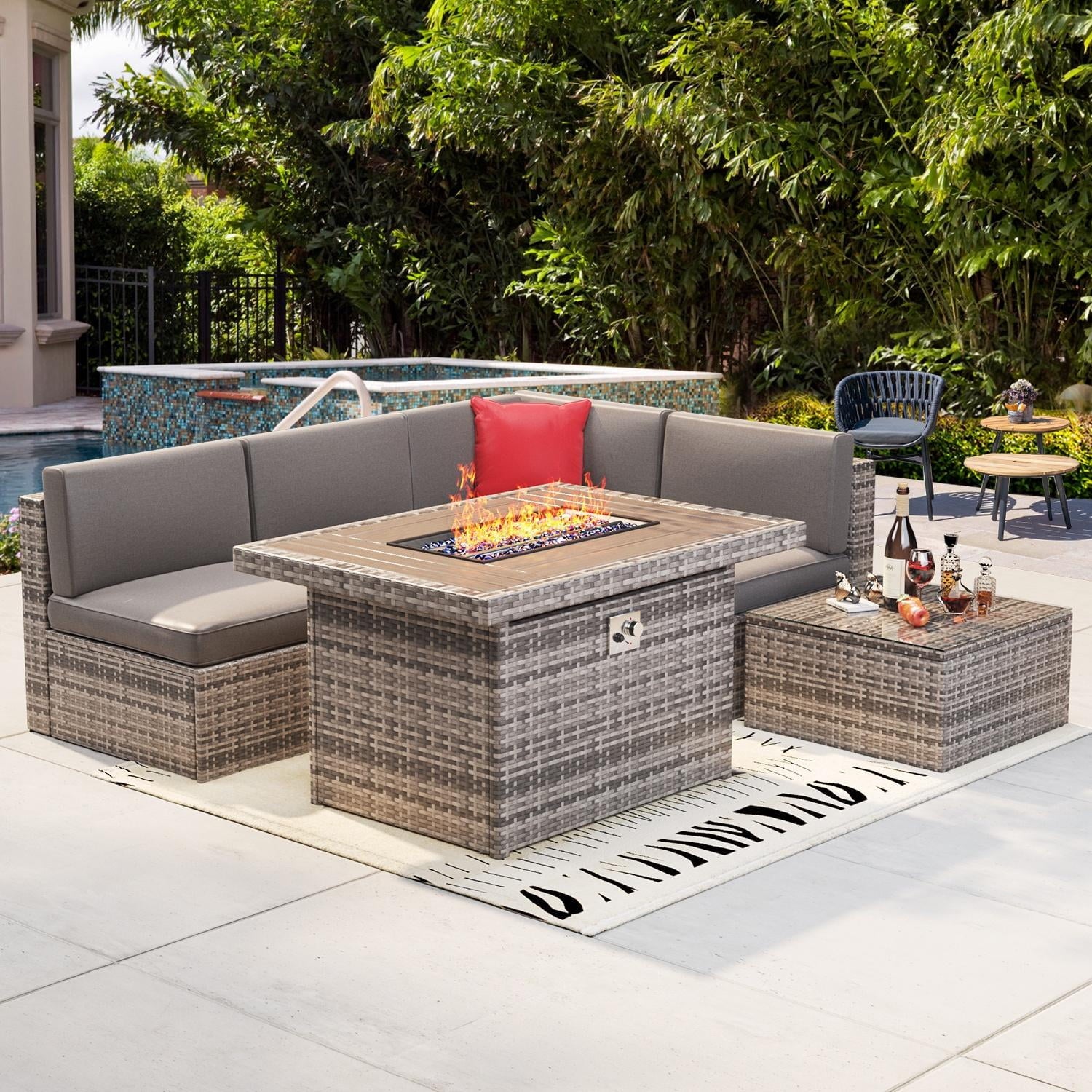 5pcs Patio Conversation Set with Fire Pit Table, Outdoor PE Wicker Conversation Set with Tempered Glass Coffee Table,Gray