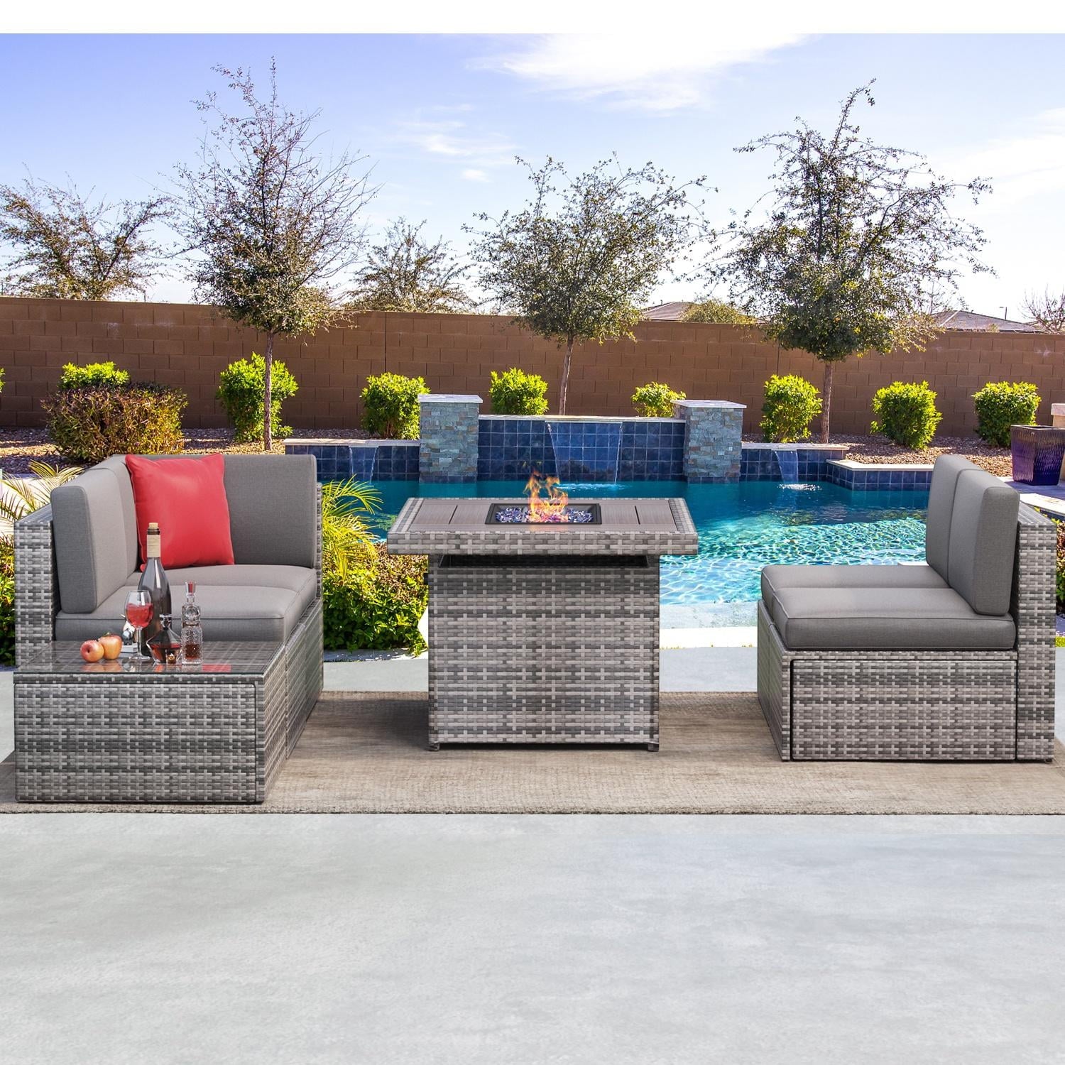 5pcs Patio Conversation Set with Fire Pit Table, Outdoor PE Wicker Conversation Set with Tempered Glass Coffee Table,Gray
