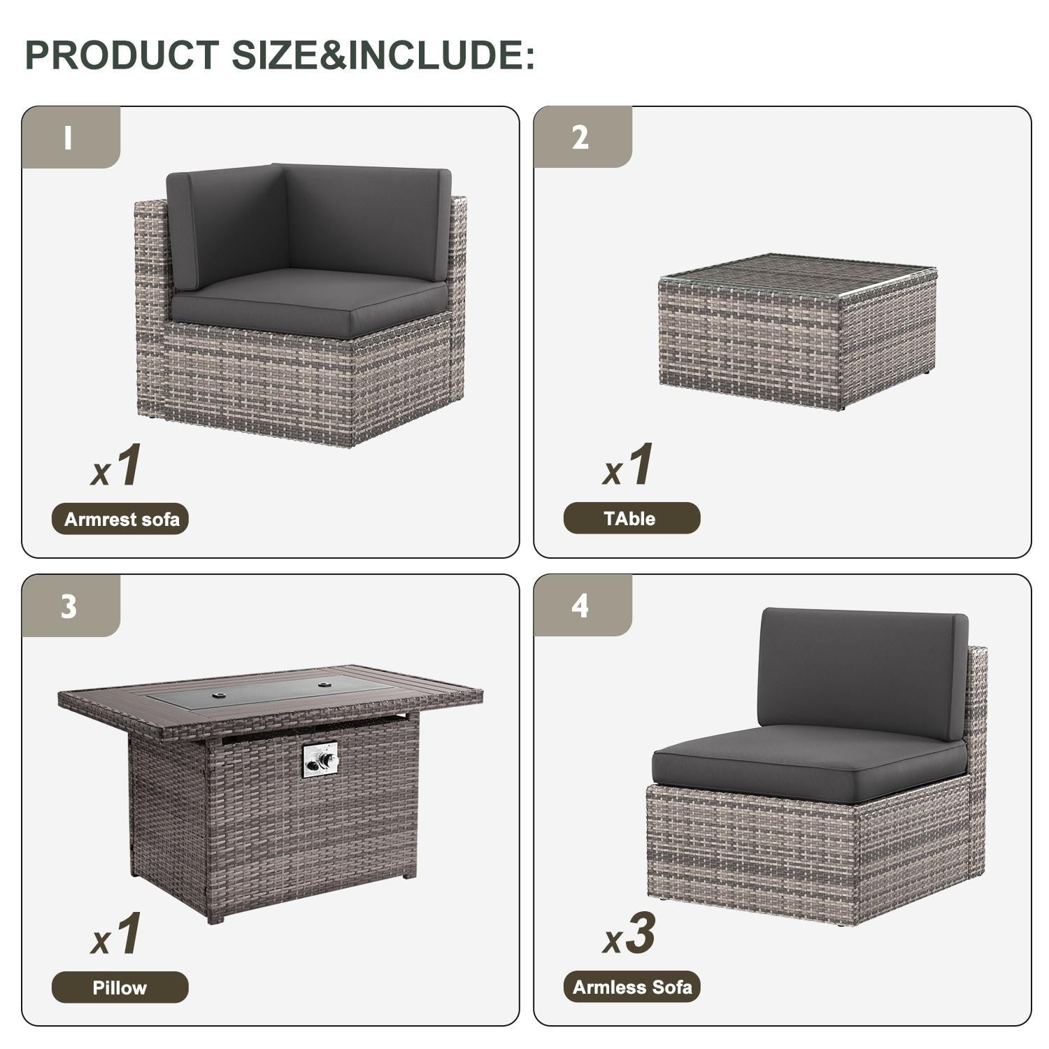 5pcs Patio Conversation Set with Fire Pit Table, Outdoor PE Wicker Conversation Set with Tempered Glass Coffee Table,Gray