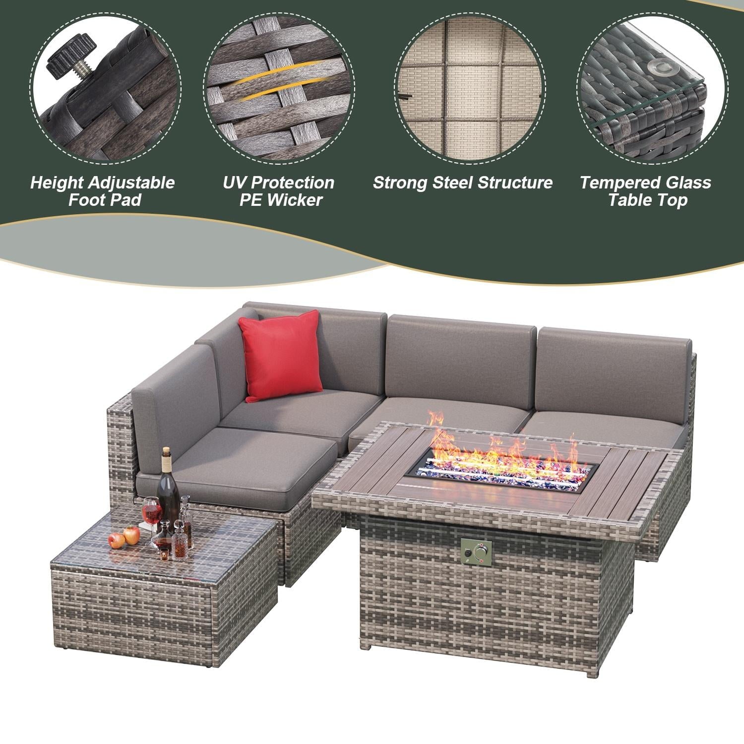 5pcs Patio Conversation Set with Fire Pit Table, Outdoor PE Wicker Conversation Set with Tempered Glass Coffee Table,Gray