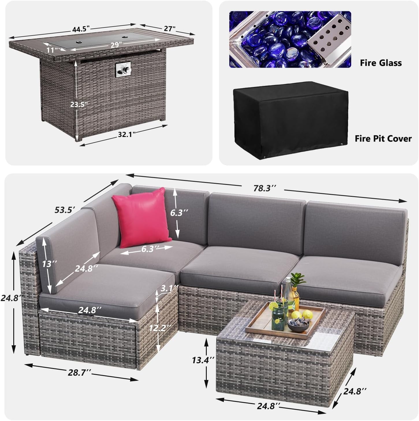 5pcs Patio Conversation Set with Fire Pit Table, Outdoor PE Wicker Conversation Set with Tempered Glass Coffee Table,Gray