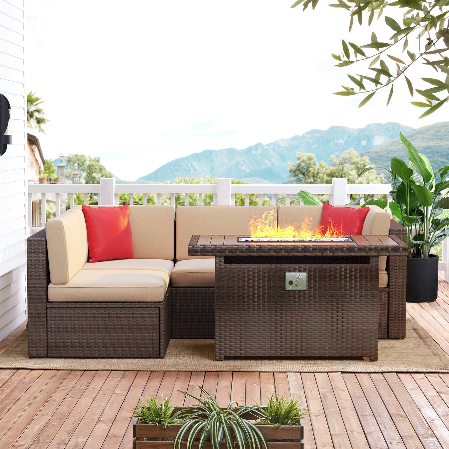 5 Piece Patio Furniture Set, Outdoor Patio Furniture Sets with Fire Pit, Wicker Patio Furniture, Outdoor Conversation Set with Brown Cushions