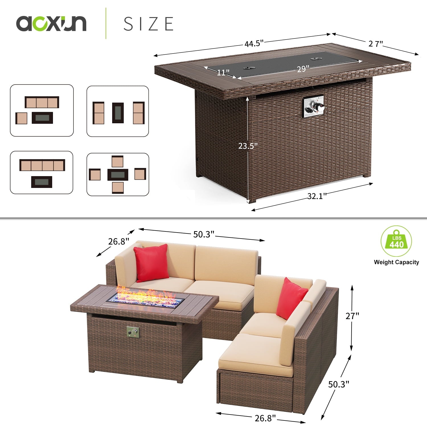 5 Piece Patio Furniture Set, Outdoor Patio Furniture Sets with Fire Pit, Wicker Patio Furniture, Outdoor Conversation Set with Brown Cushions