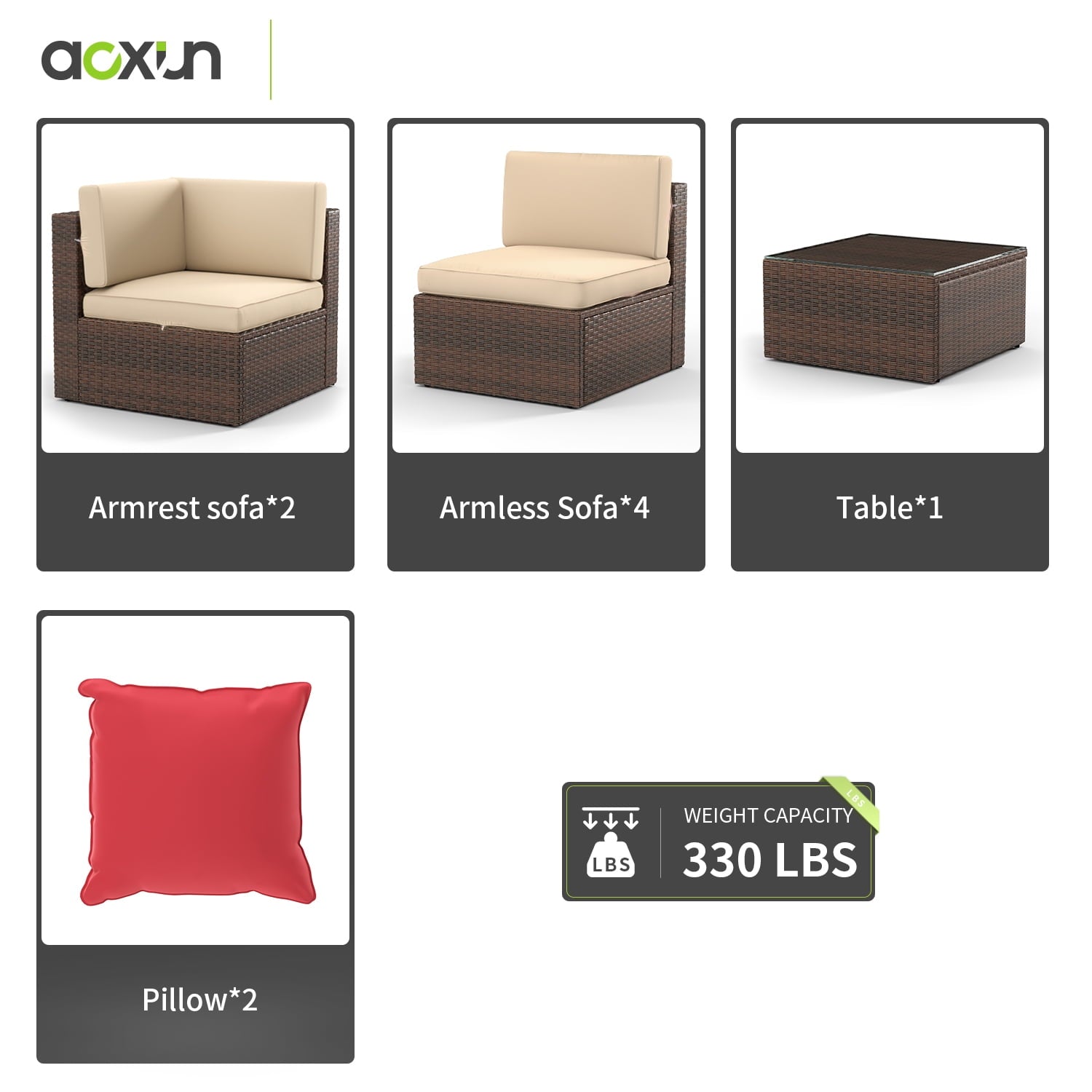 7 Piece Patio Furniture Set, Outdoor Patio Furniture Sets, Wicker Patio Furniture, Outdoor Conversation Set with Brown Cushions