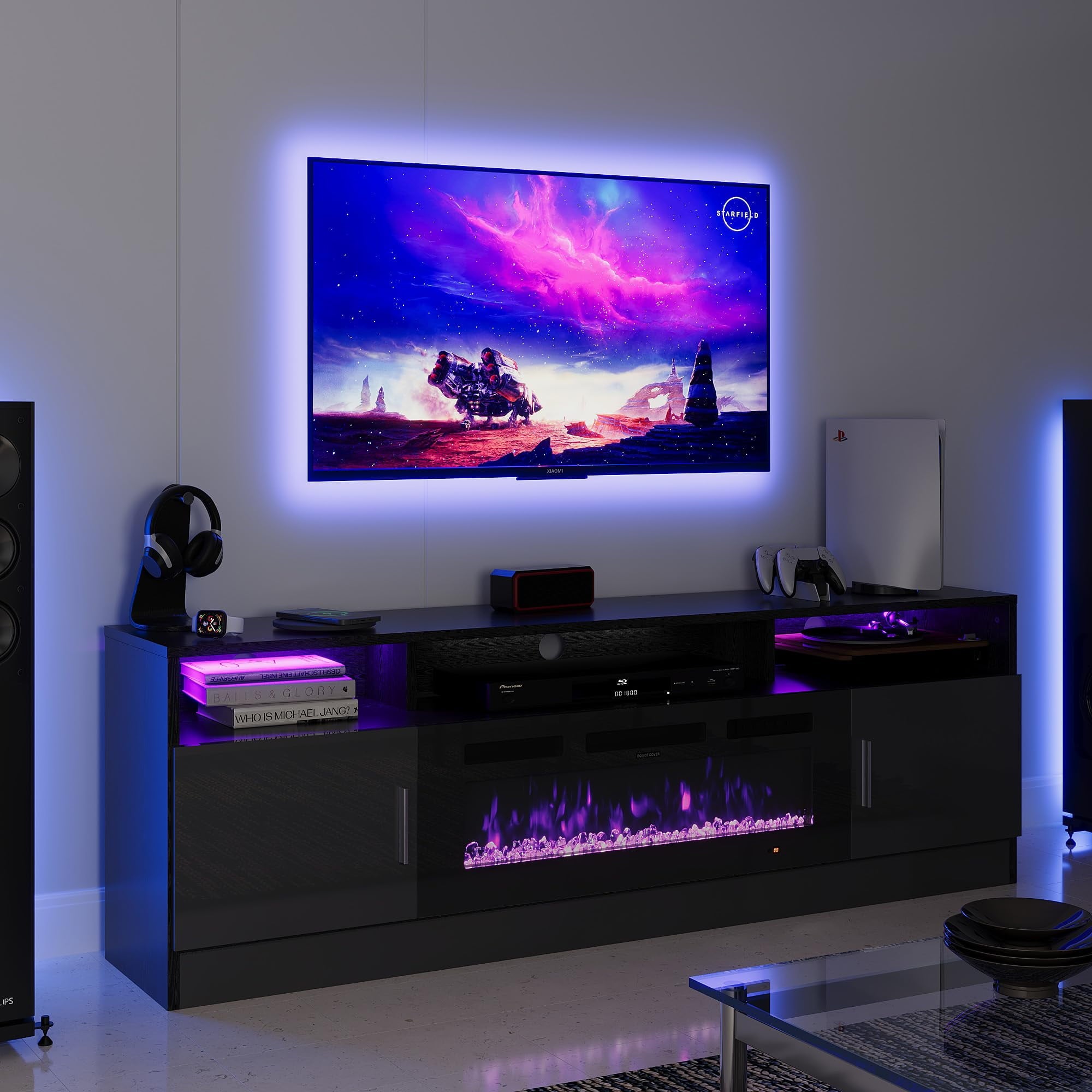 Fireplace TV Stand with 36” Electric Fireplace, 70” Fireplace Entertainment Center LED Lights, 2 Tier TV Console for TVs Up to 80", White