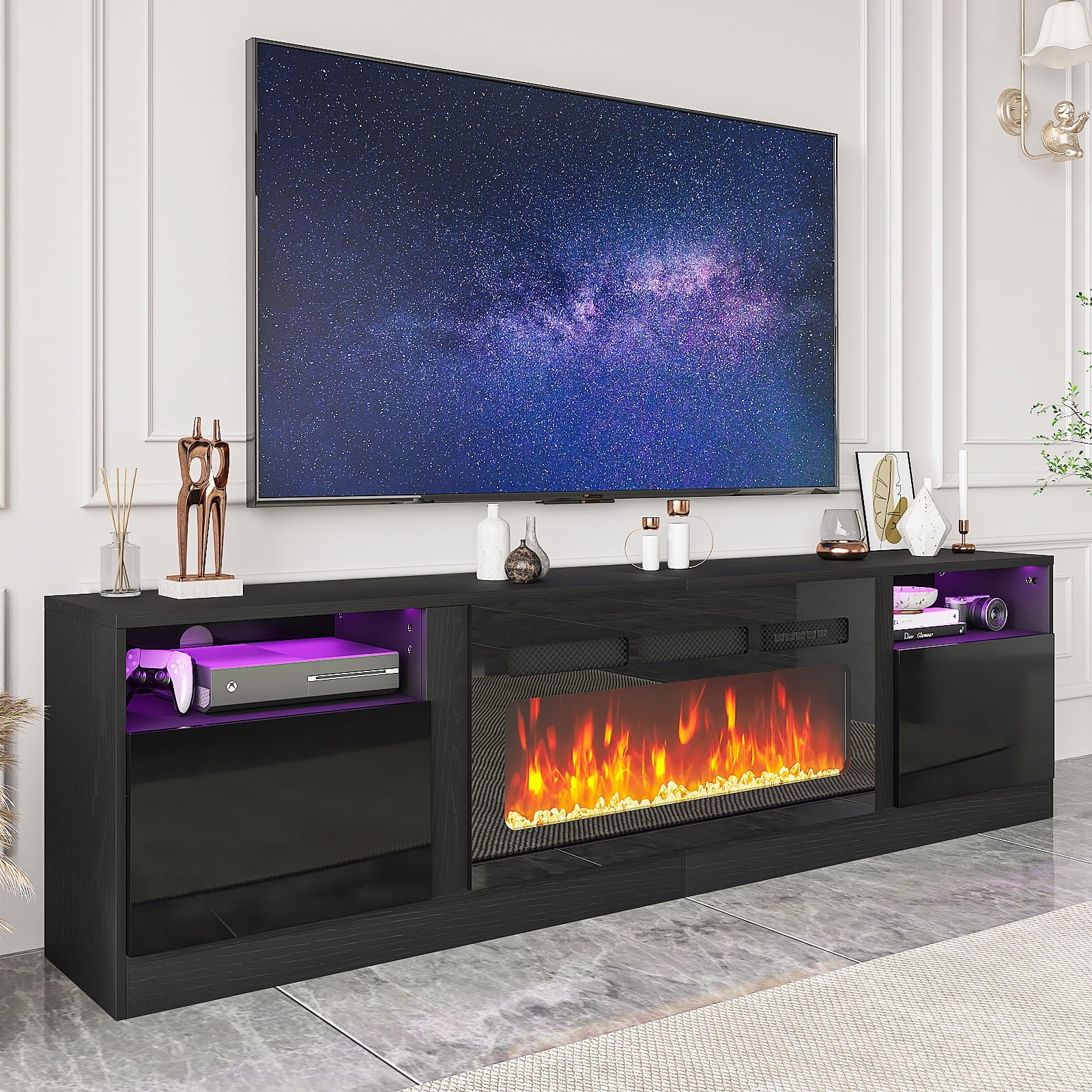 Fireplace TV Stand with 36" Electric Fireplace, LED Light Entertainment Center for TVs up to 90", 79 Inches TV Console, Black