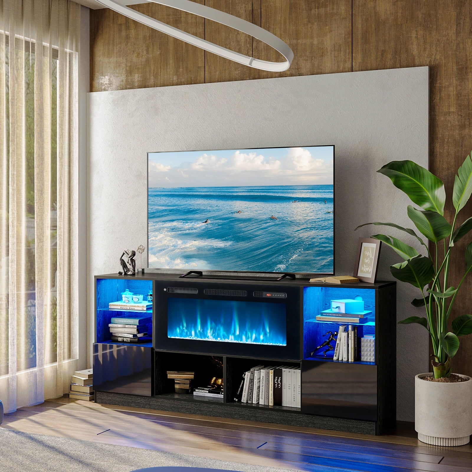 Fireplace TV Stand with Electric Fireplace, 70” LED Light Entertainment Center for TVs Up to 80", TV Console Stand, Fireplace for The Living Room TV Stand,