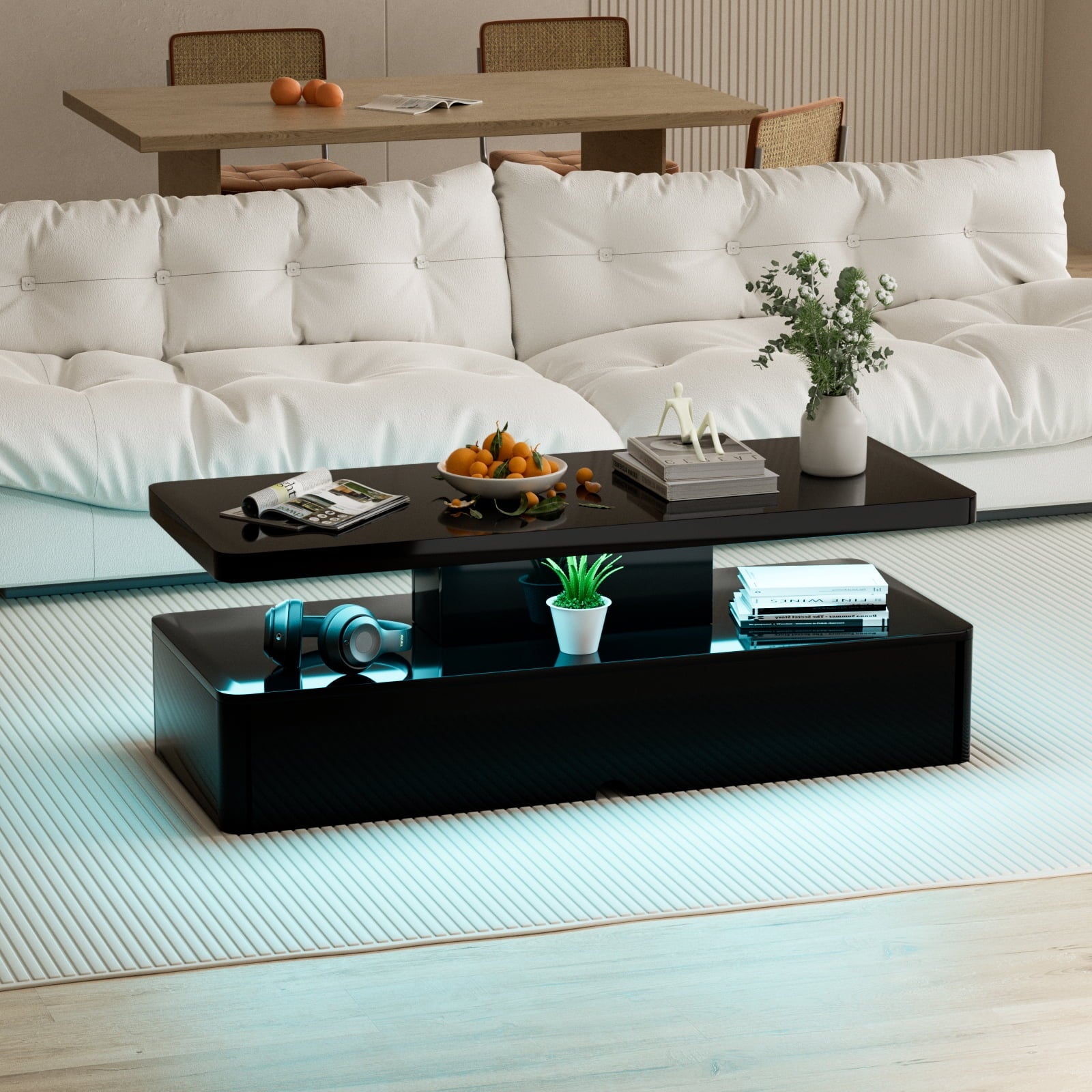 Modern Coffee Table with Led Light, Modern High Glossy Cocktail Table with Remote, Black