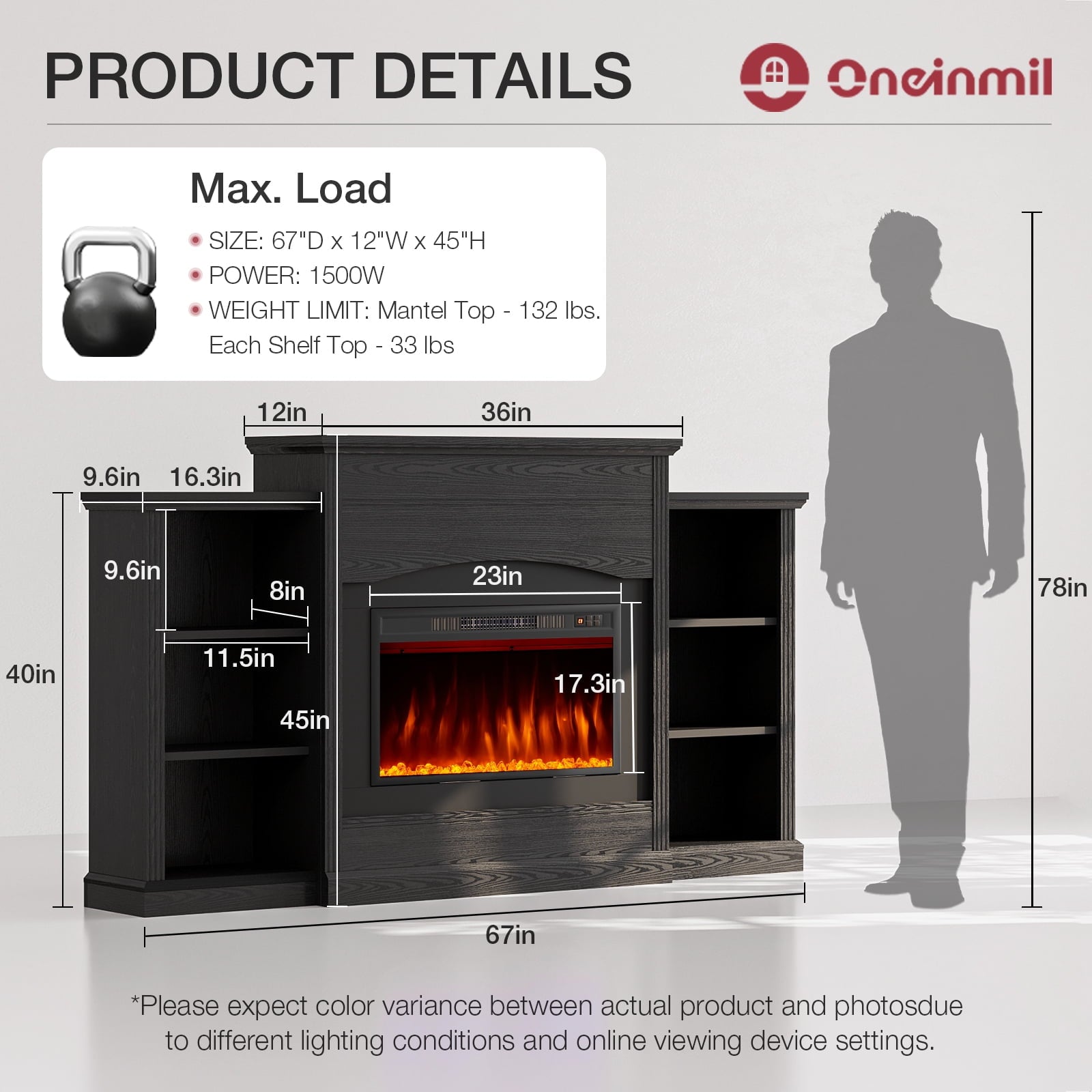 67" Electric Fireplace with Mantel, Fireplace TV Stand with Storage Shelves, 23'' Fire Places Heater with Remote Control, Freestanding, for Living Room or Bedroom, Black