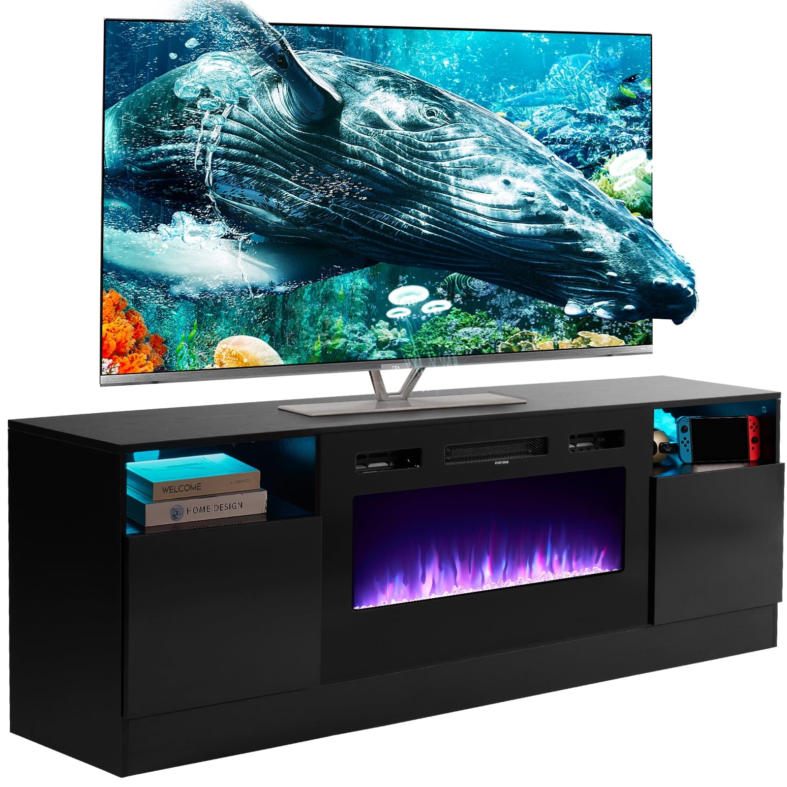 70" TV Stand with 36" Electric Fireplace, LED Light, for TVs up to 80", Black