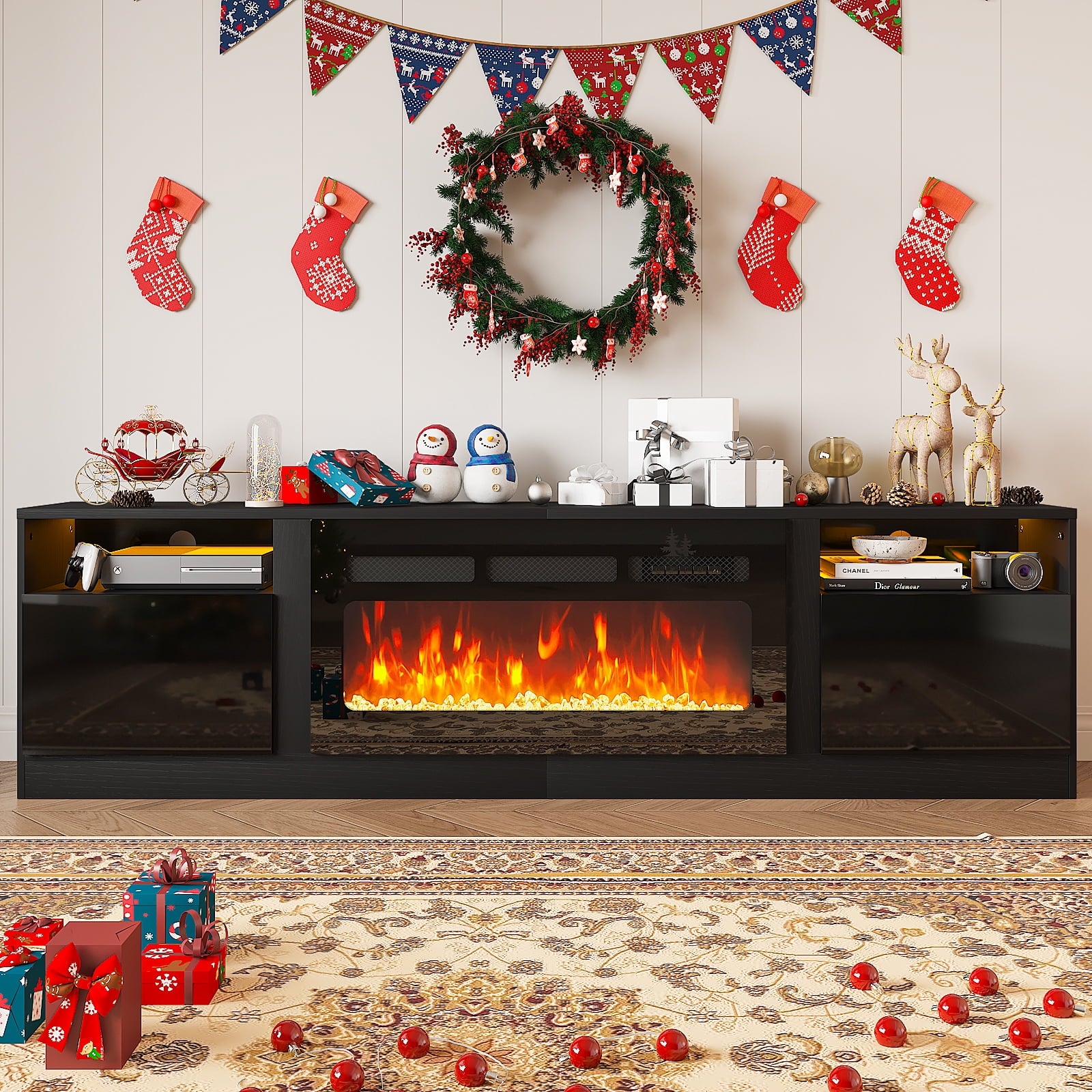 Fireplace TV Stand with 36" Electric Fireplace, LED Light Entertainment Center for TVs up to 90", 79 Inches TV Console, Black