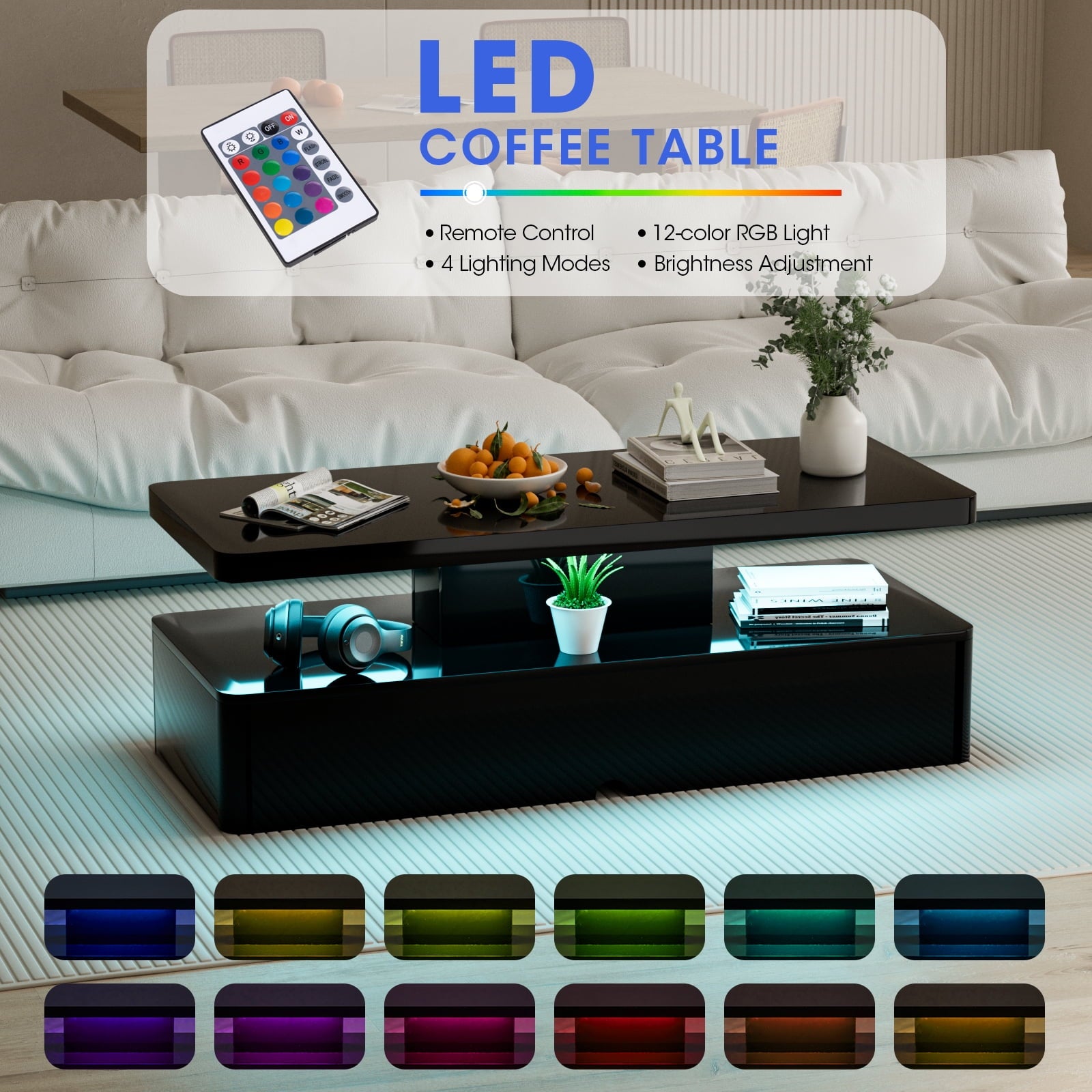 Modern Coffee Table with Led Light, Modern High Glossy Cocktail Table with Remote, Black