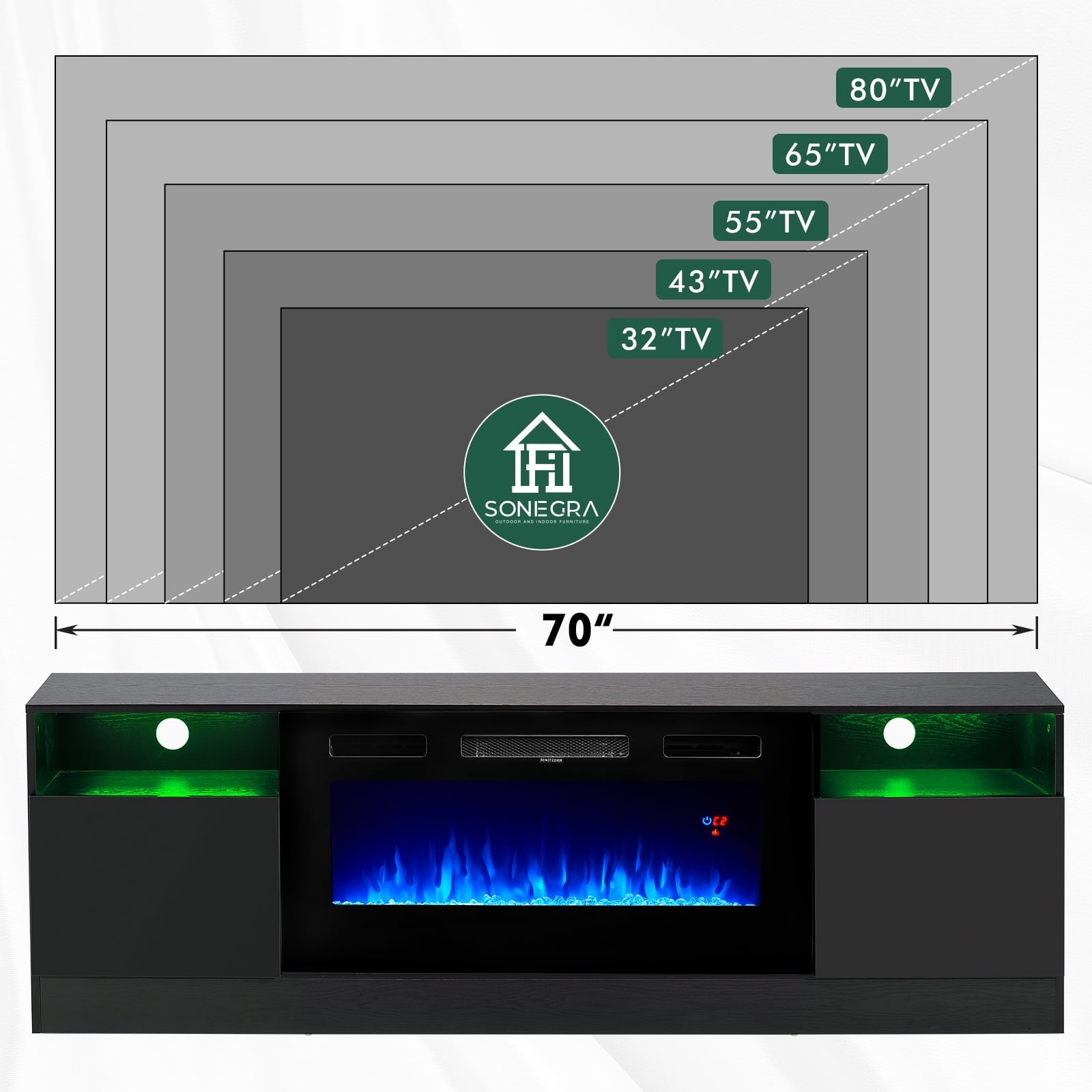 70" TV Stand with 36" Electric Fireplace, LED Light, for TVs up to 80", Black