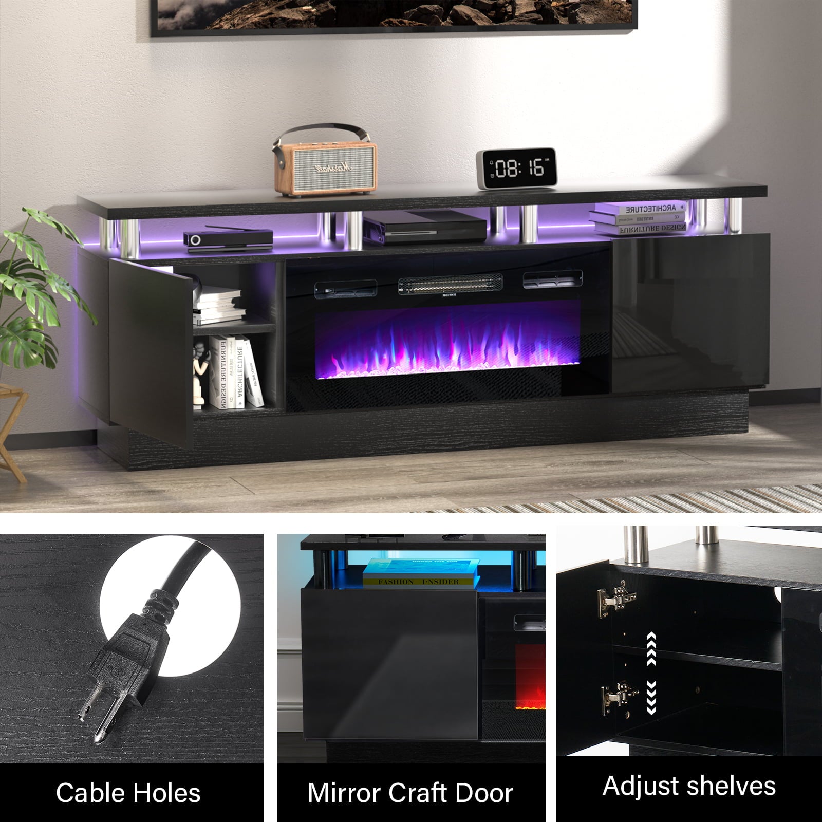 Fireplace TV Stand with LED Light, for TVs up to 80", Black