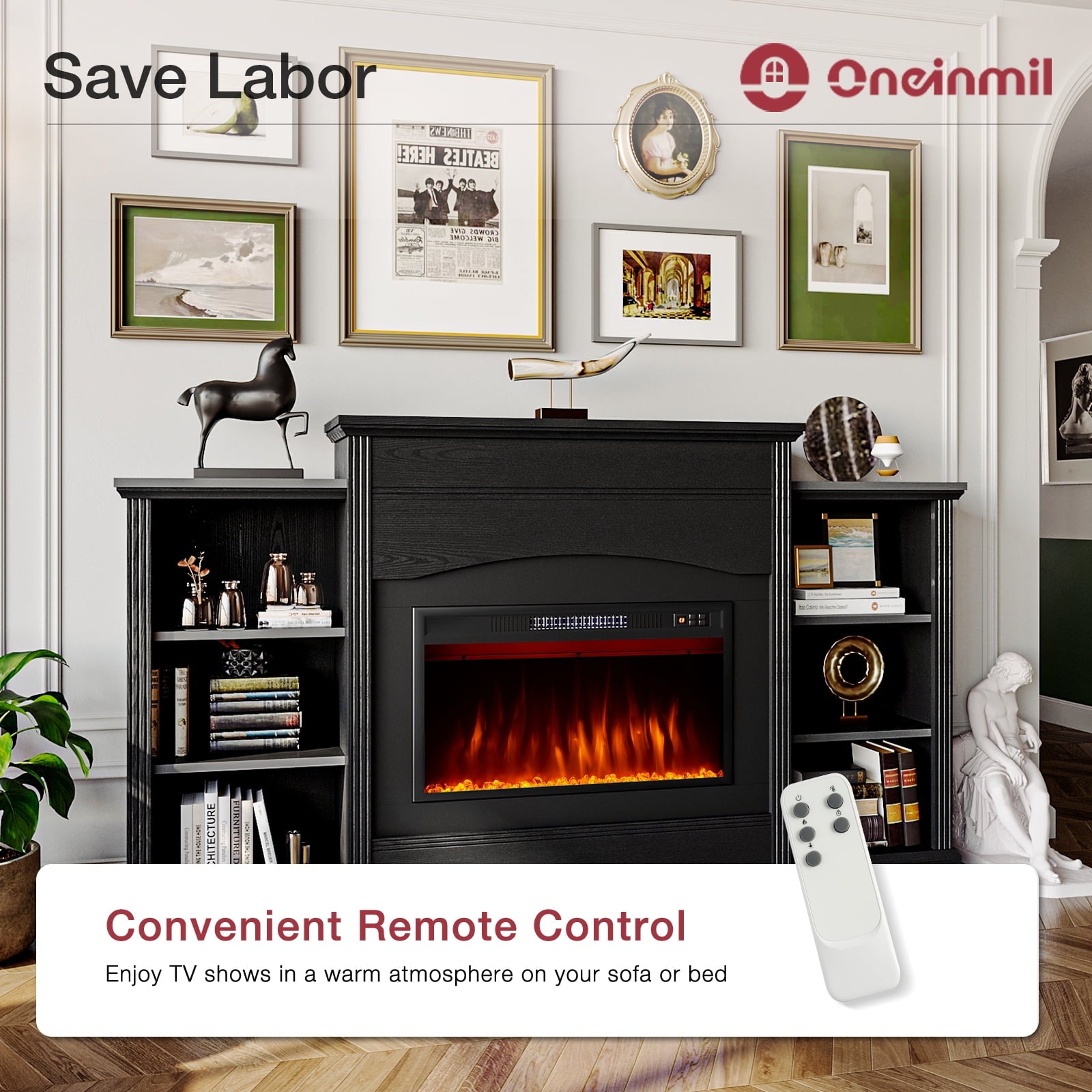 67" Electric Fireplace with Mantel, Fireplace TV Stand with Storage Shelves, 23'' Fire Places Heater with Remote Control, Freestanding, for Living Room or Bedroom, Black