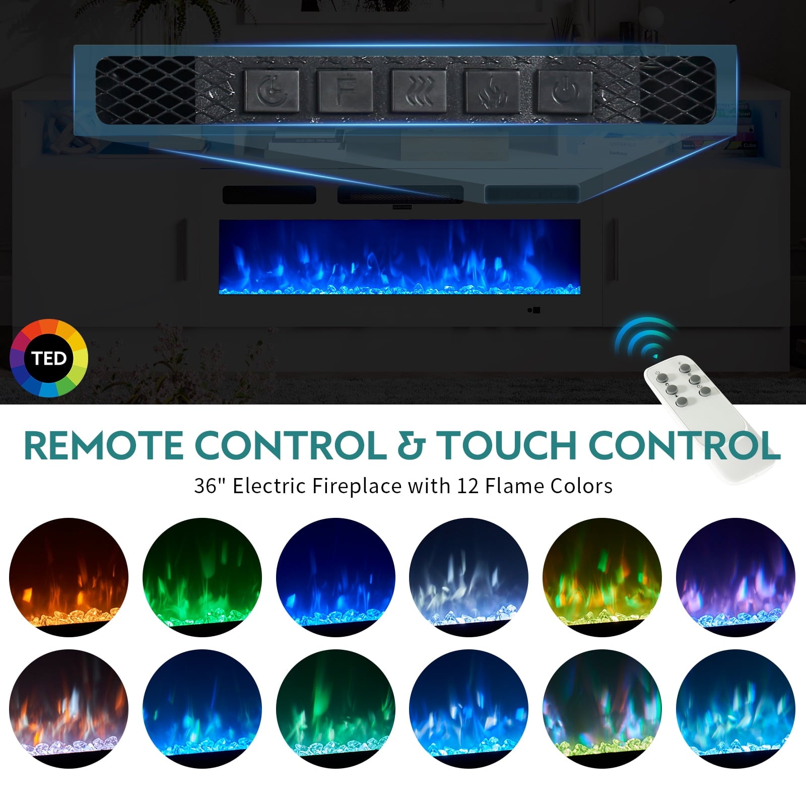 Fireplace TV Stand with 36” Electric Fireplace, 70” Fireplace Entertainment Center LED Lights, 2 Tier TV Console for TVs Up to 80", White