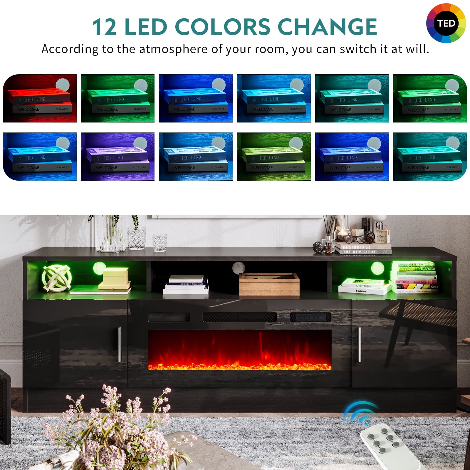 Fireplace TV Stand with 36” Electric Fireplace, 70” Fireplace Entertainment Center LED Lights, 2 Tier TV Console for TVs Up to 80", White