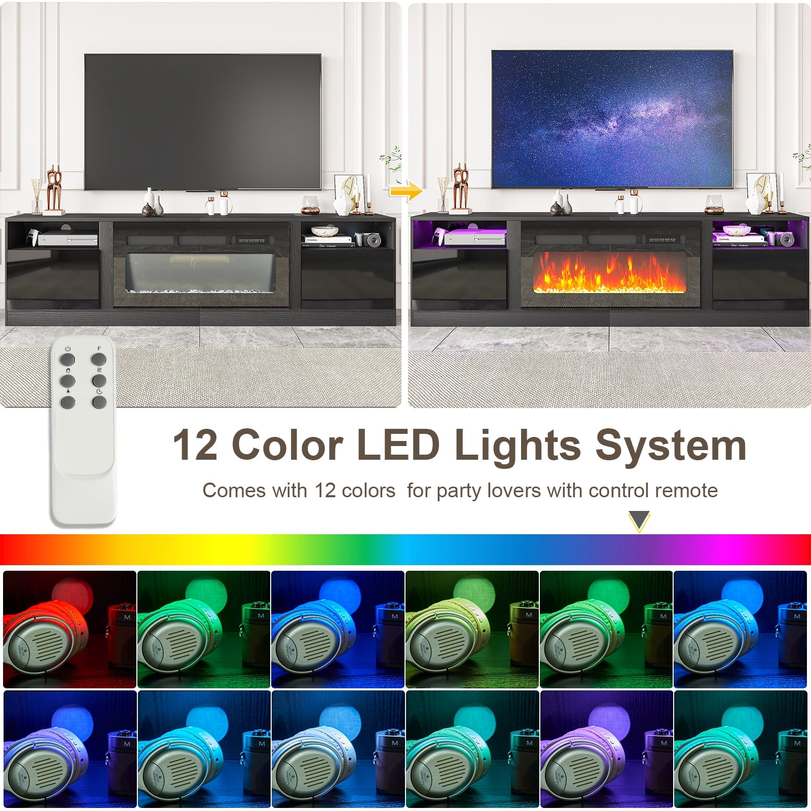 Fireplace TV Stand with 36" Electric Fireplace, LED Light Entertainment Center for TVs up to 90", 79 Inches TV Console, Black