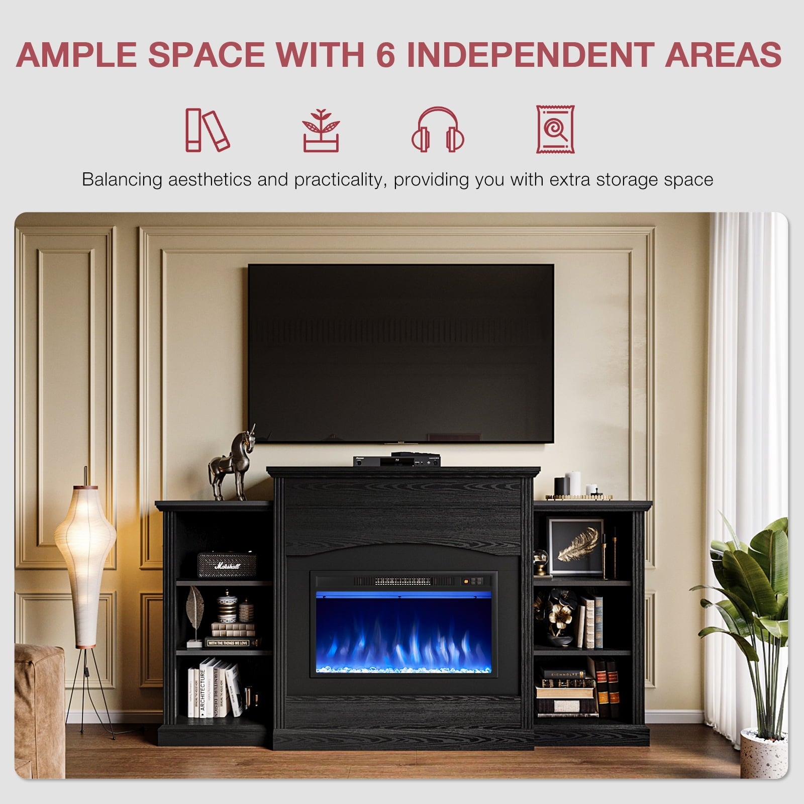 67" Electric Fireplace with Mantel, Fireplace TV Stand with Storage Shelves, 23'' Fire Places Heater with Remote Control, Freestanding, for Living Room or Bedroom, Black
