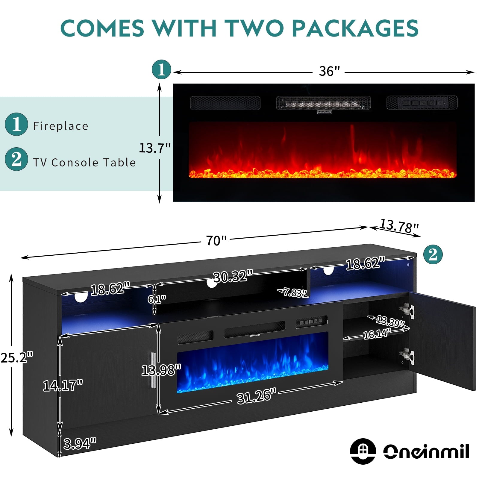 Fireplace TV Stand with 36” Electric Fireplace, 70” Fireplace Entertainment Center LED Lights, 2 Tier TV Console for TVs Up to 80", White