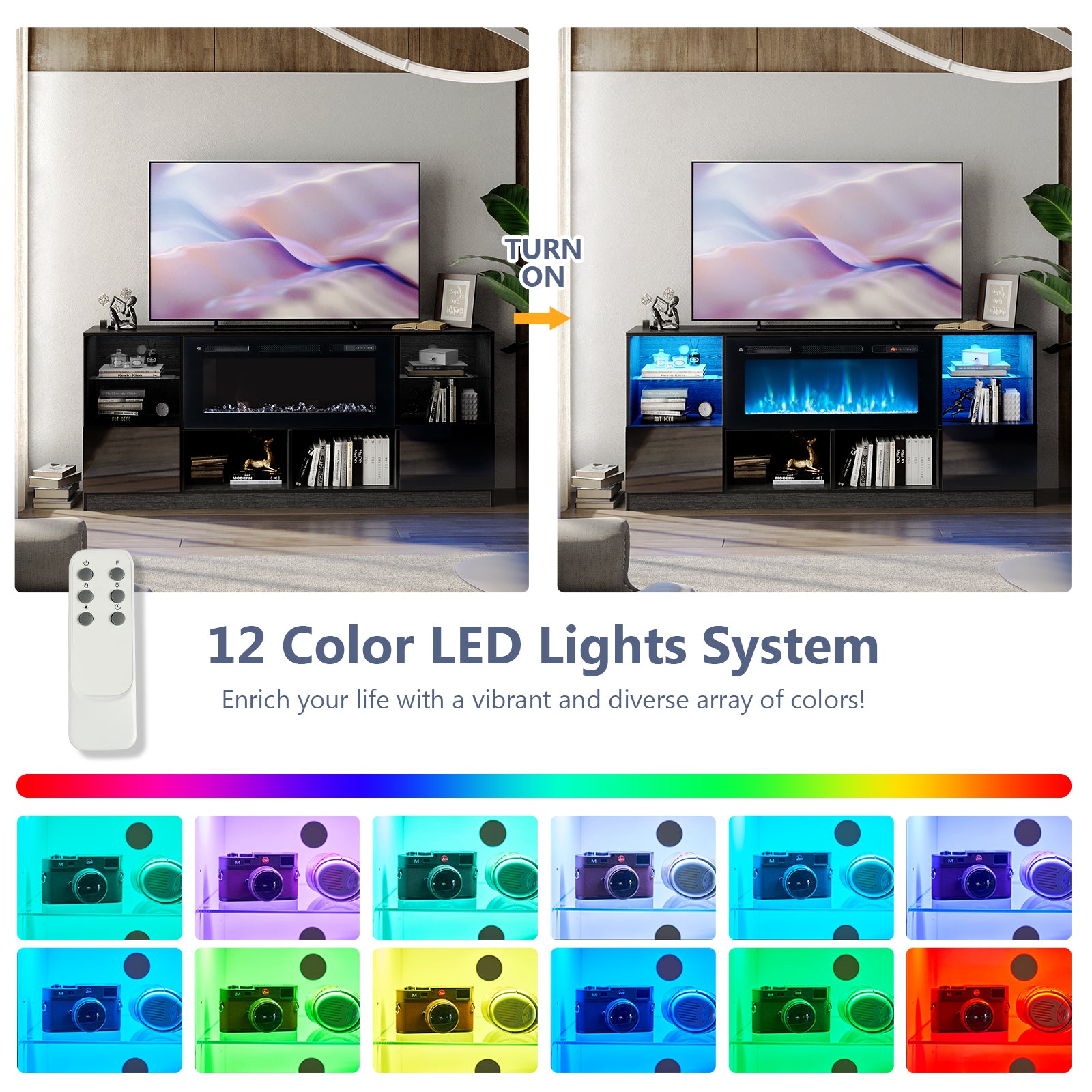 Fireplace TV Stand with Electric Fireplace, 70” LED Light Entertainment Center for TVs Up to 80", TV Console Stand, Fireplace for The Living Room TV Stand,