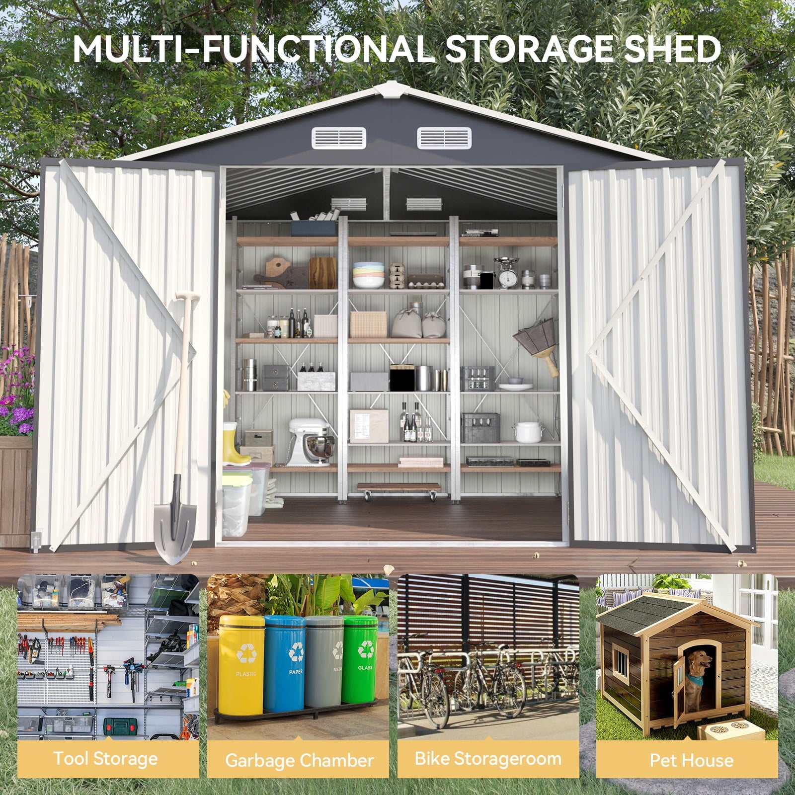 7.8’ x 5.8’ Outdoor Metal Storage Shed, Steel Utility Tool Shed Storage with Lockable Doors, Metal Sheds Outdoor Storage for Backyard, Garden, Lawn and Patio, Black