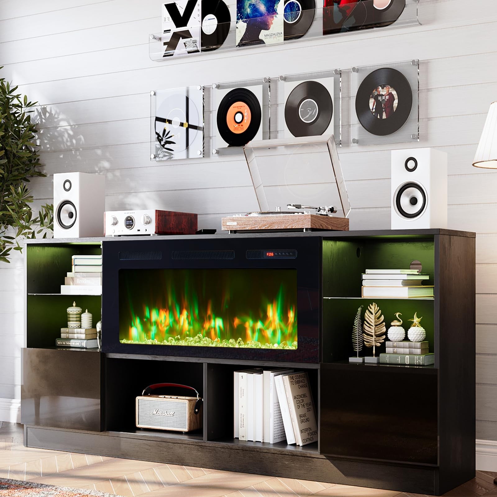 Fireplace TV Stand with 36” Electric Fireplace, 70” TV Console Stand for TVs Up to 80", LED Light Entertainment Center, Fireplace for The Living Room TV Stand, Black